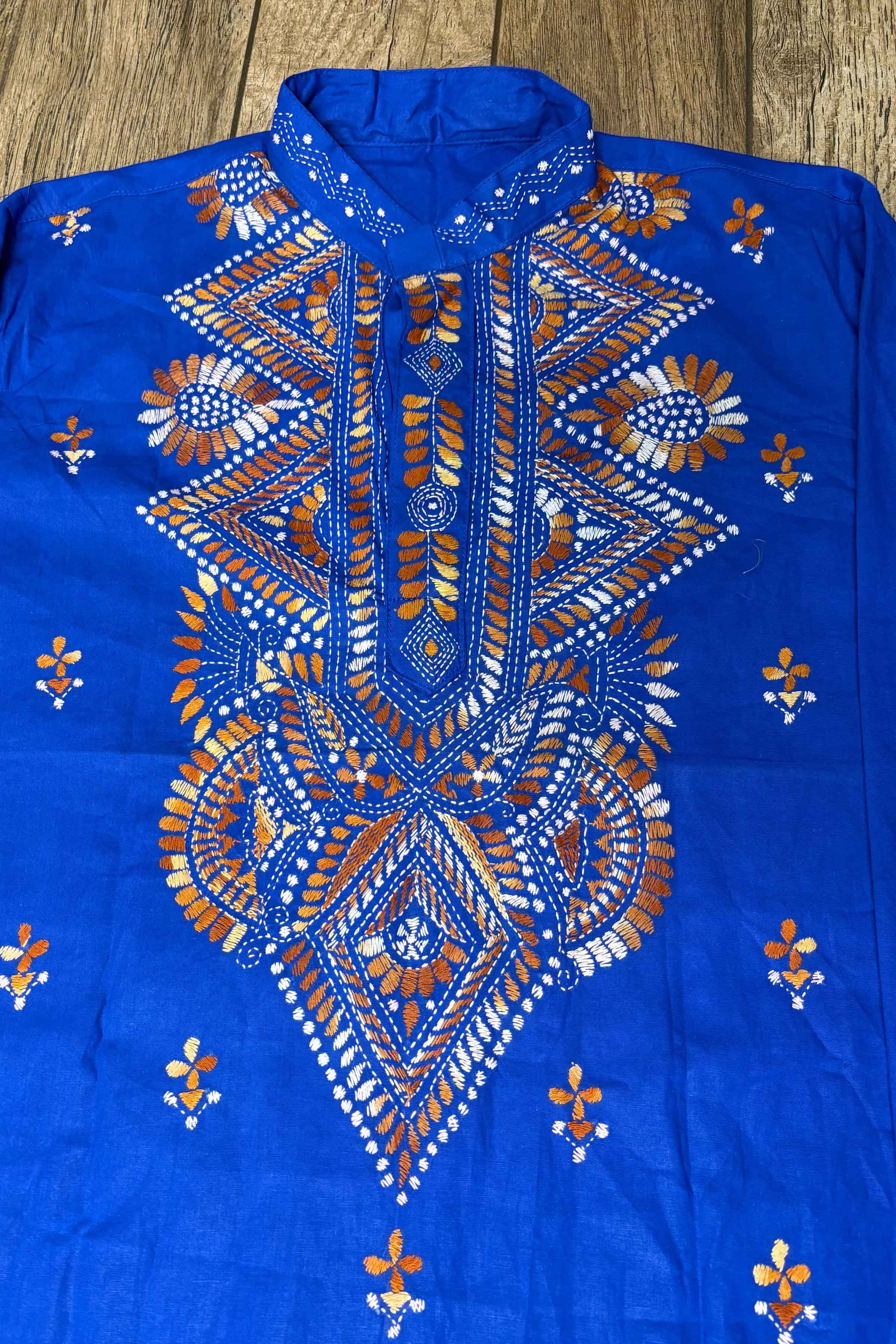 Blue Pure Cotton with Kantha Work (Hand Embroidery) Panjabi