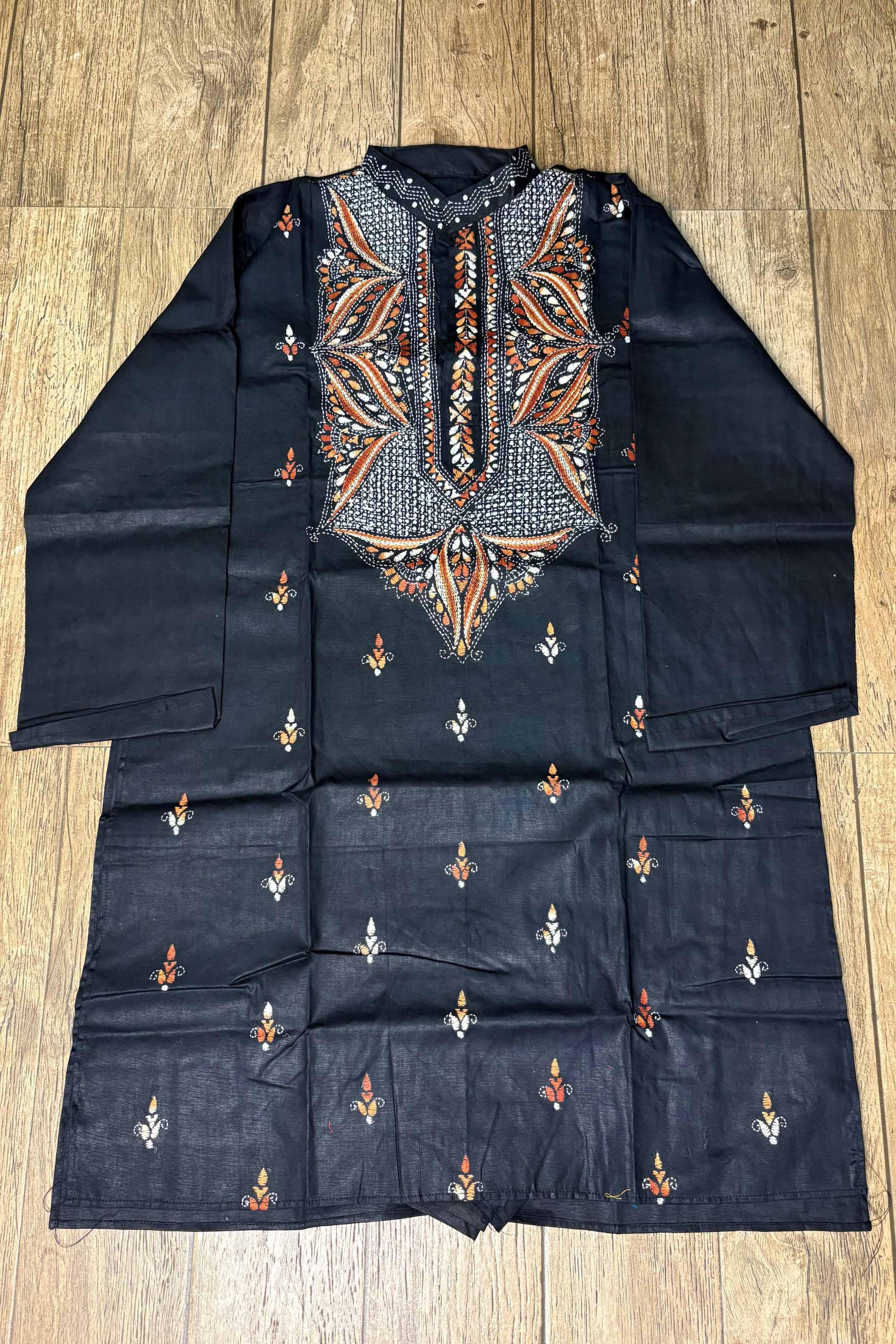 Black Pure Cotton with Kantha Work (Hand Embroidery) Panjabi