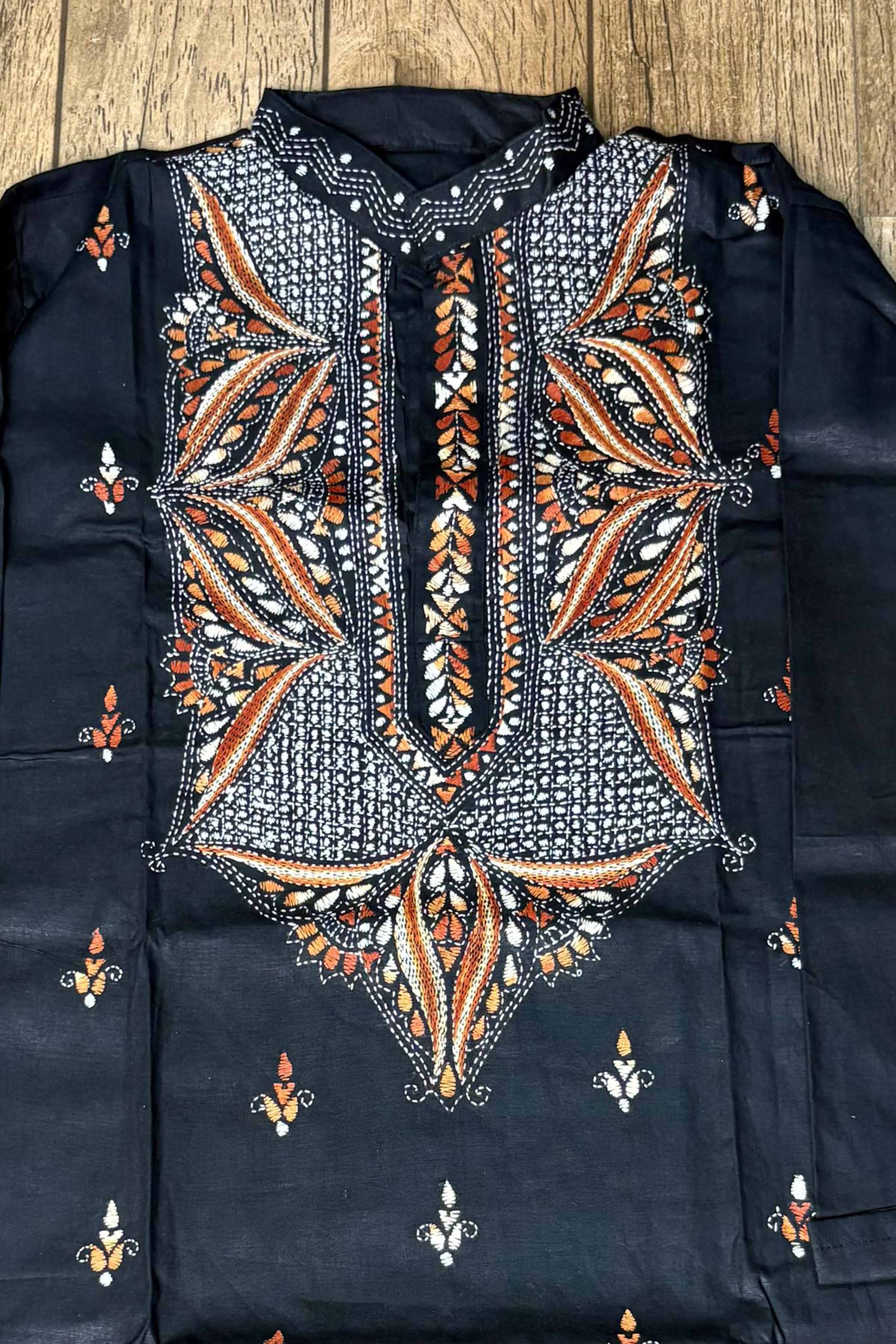 Black Pure Cotton with Kantha Work (Hand Embroidery) Panjabi