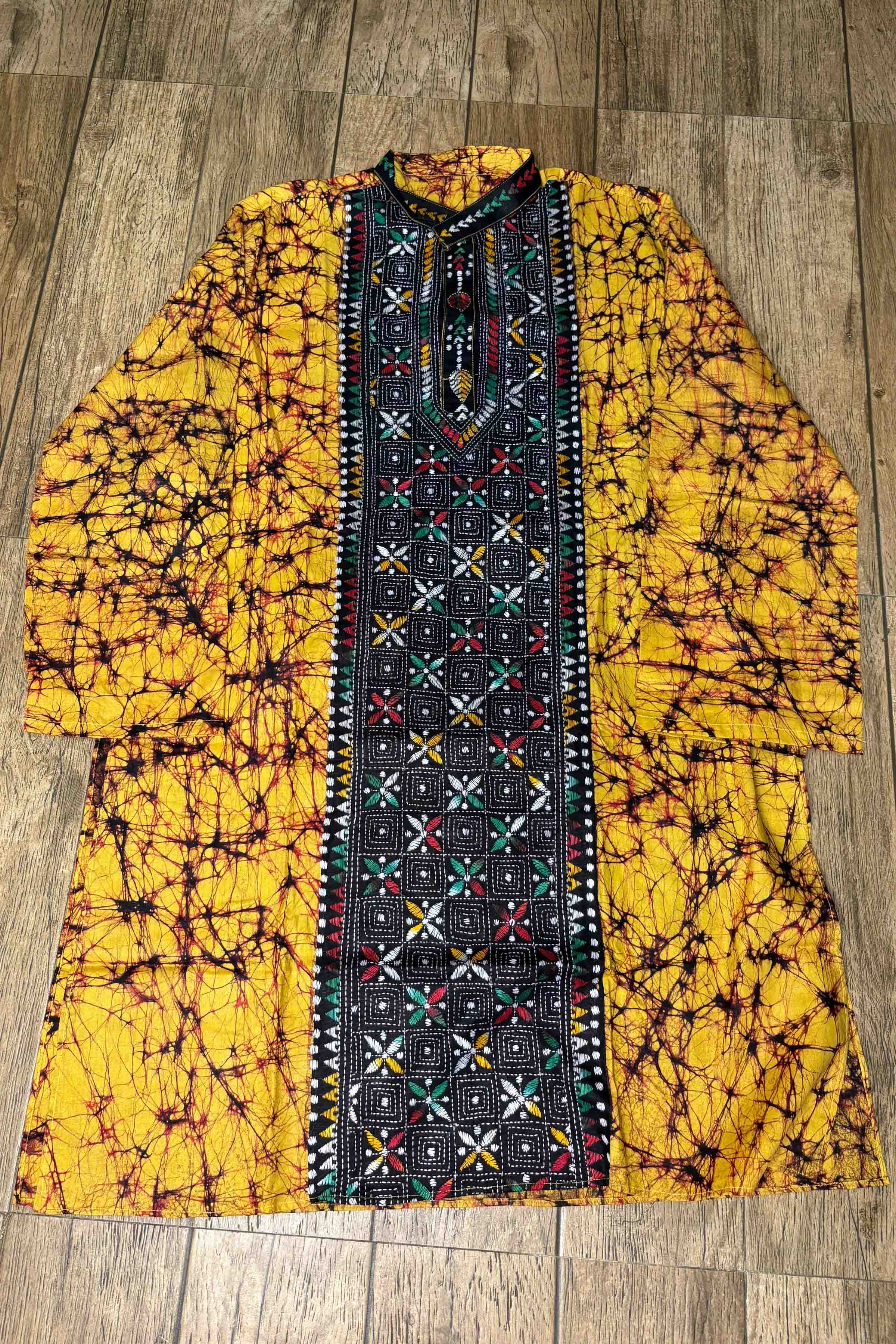 Yellow Pure Cotton Batik with Kantha Work (Hand Embroidery) Panjabi