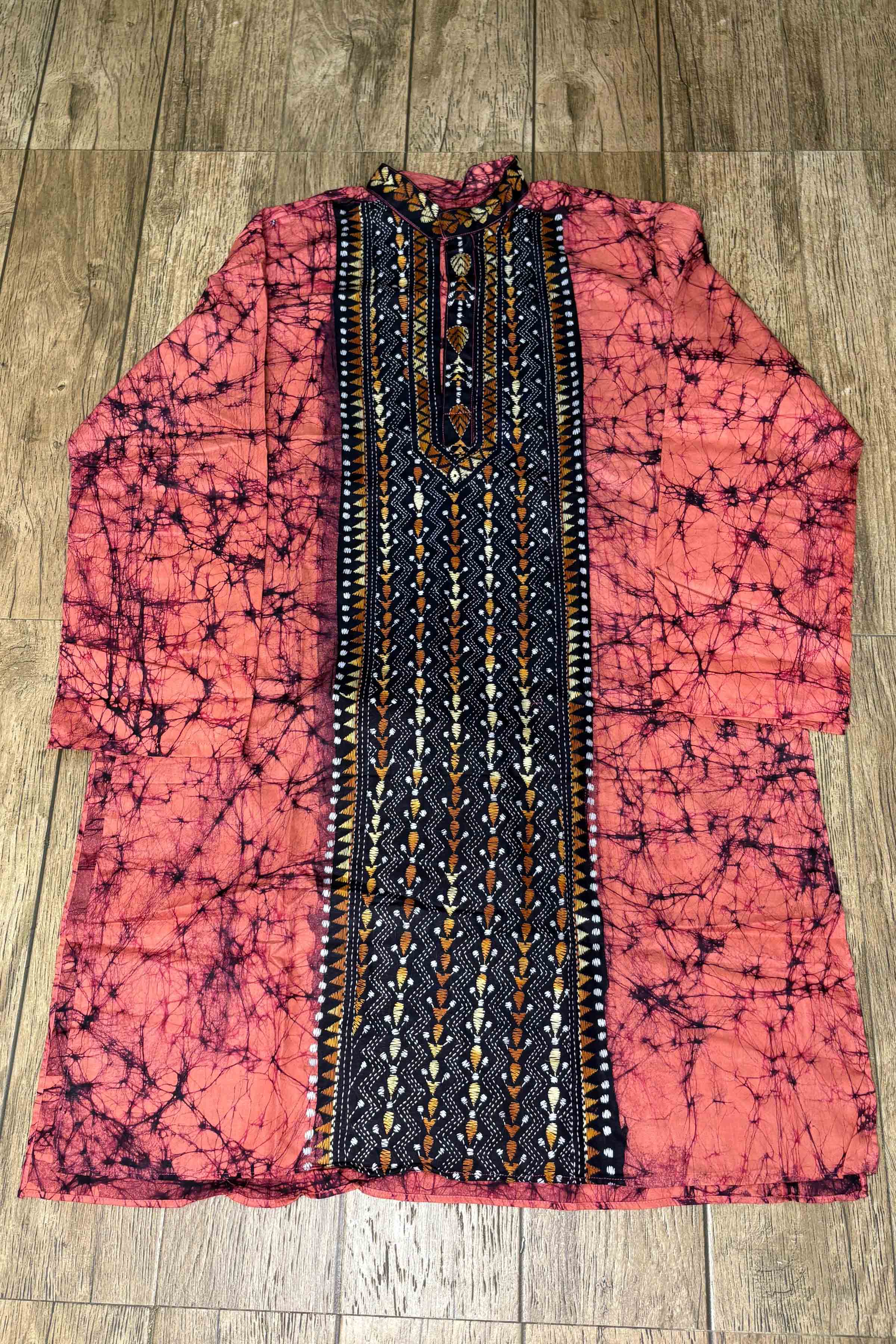 Pink Pure Cotton Batik with Kantha Work (Hand Embroidery) Panjabi