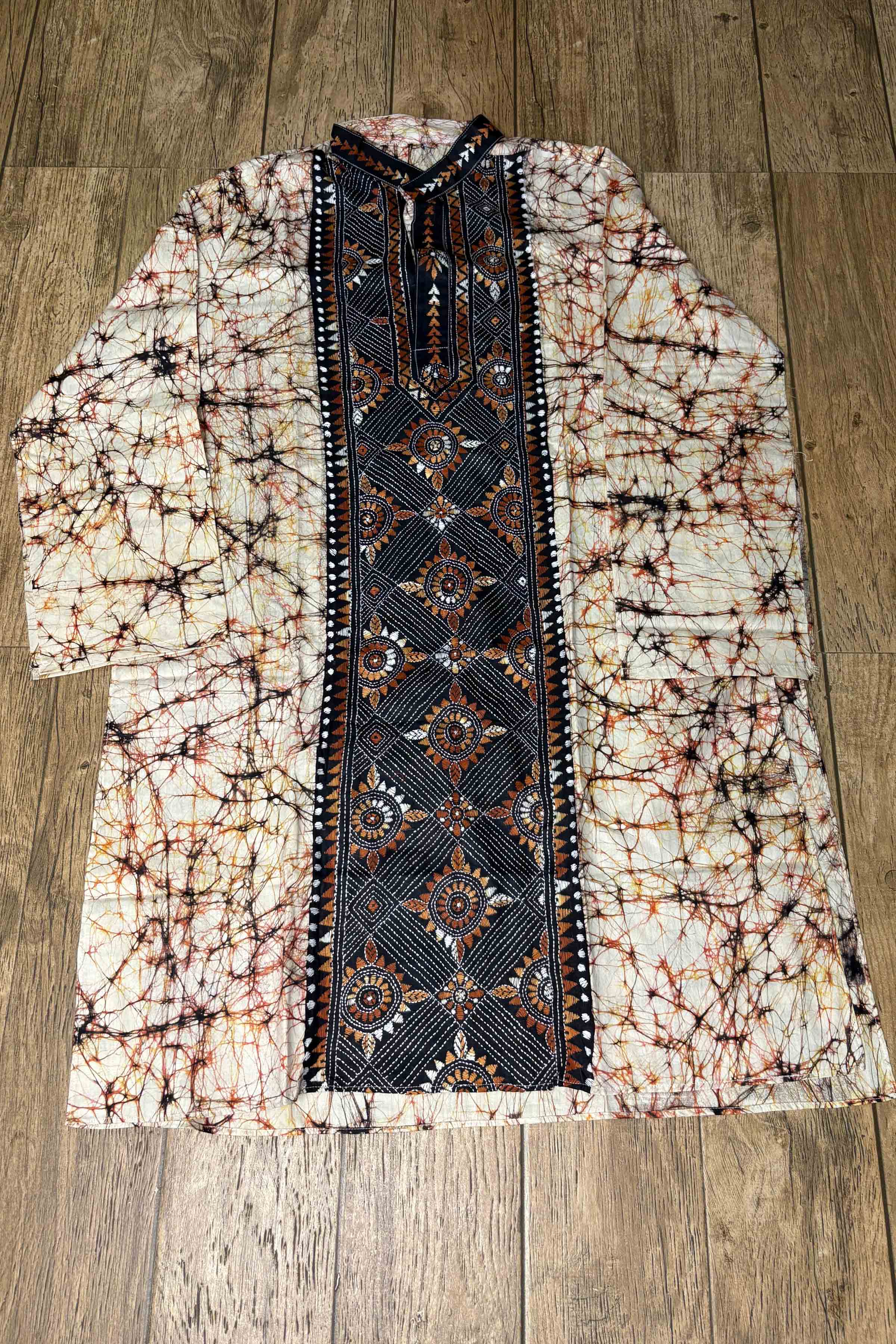 White Pure Cotton Crack Batik with Kantha Work (Hand Embroidery) Panjabi