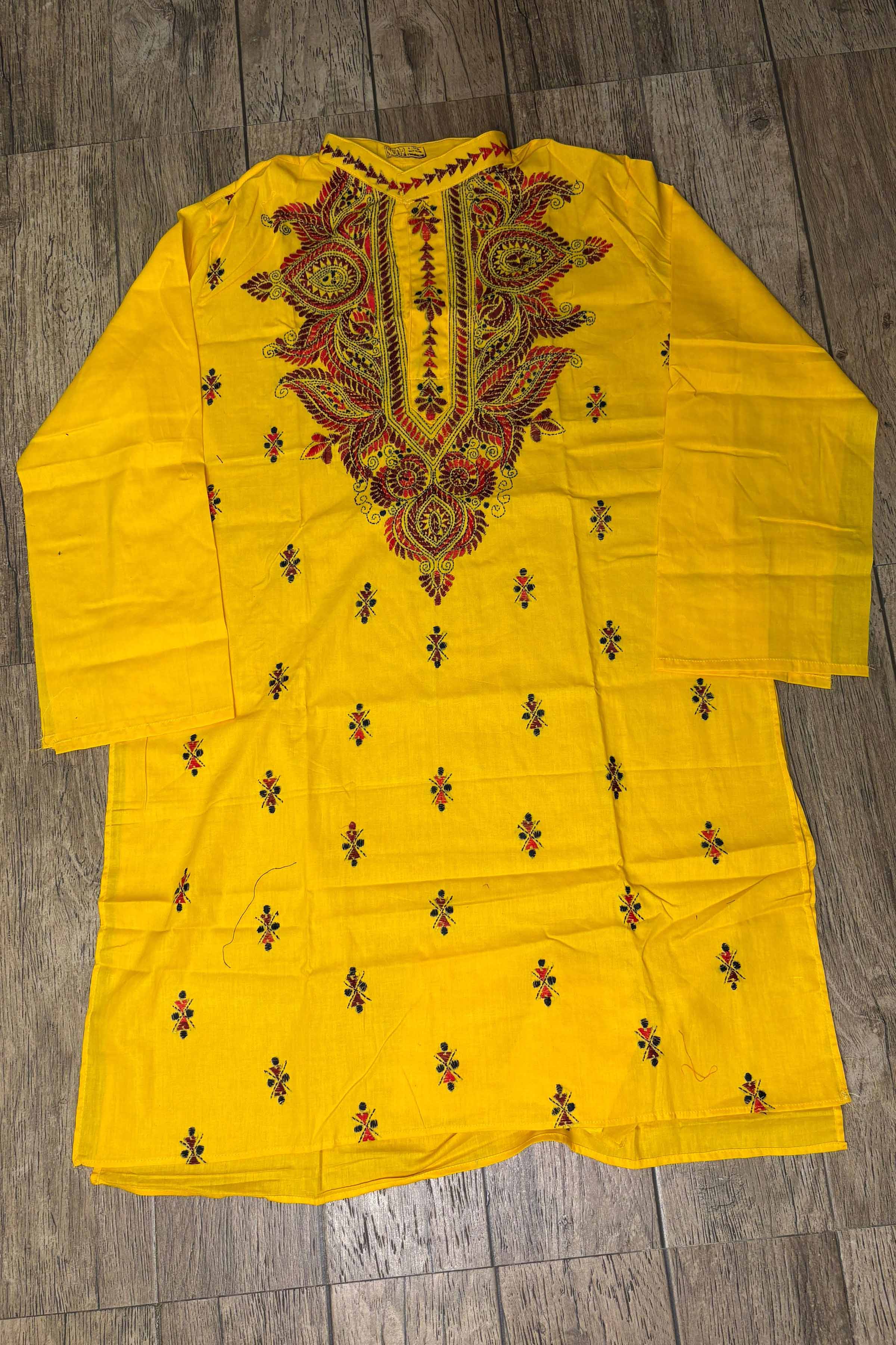 Yellow Pure Cotton with Kantha Work (Hand Embroidery) Panjabi