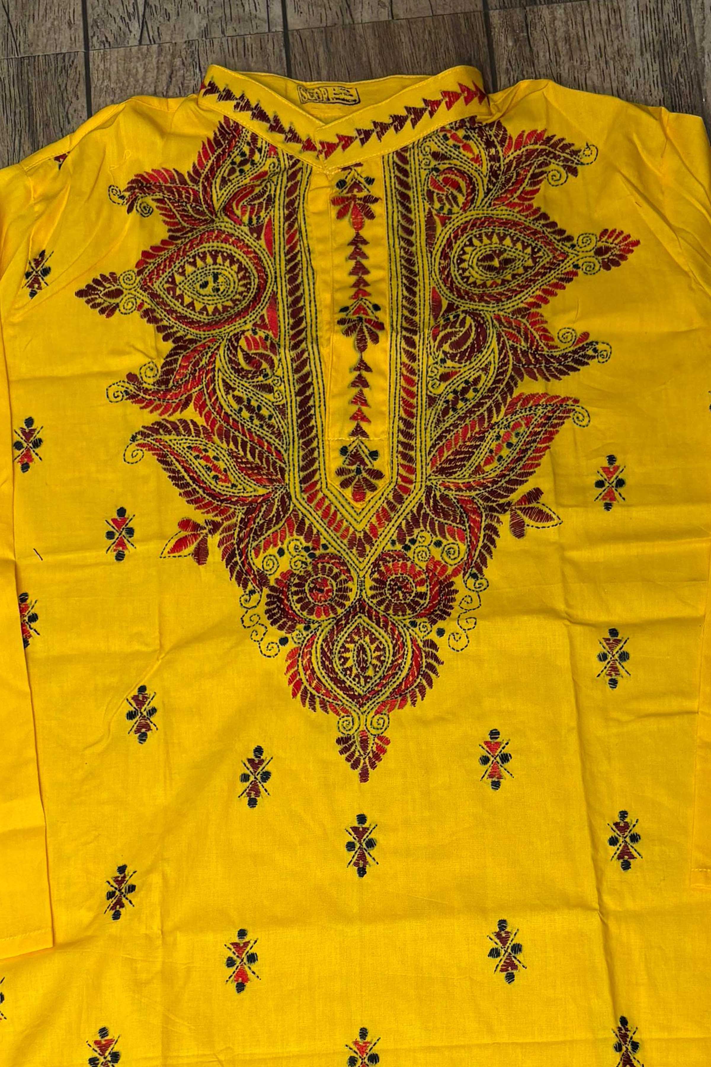 Yellow Pure Cotton with Kantha Work (Hand Embroidery) Panjabi