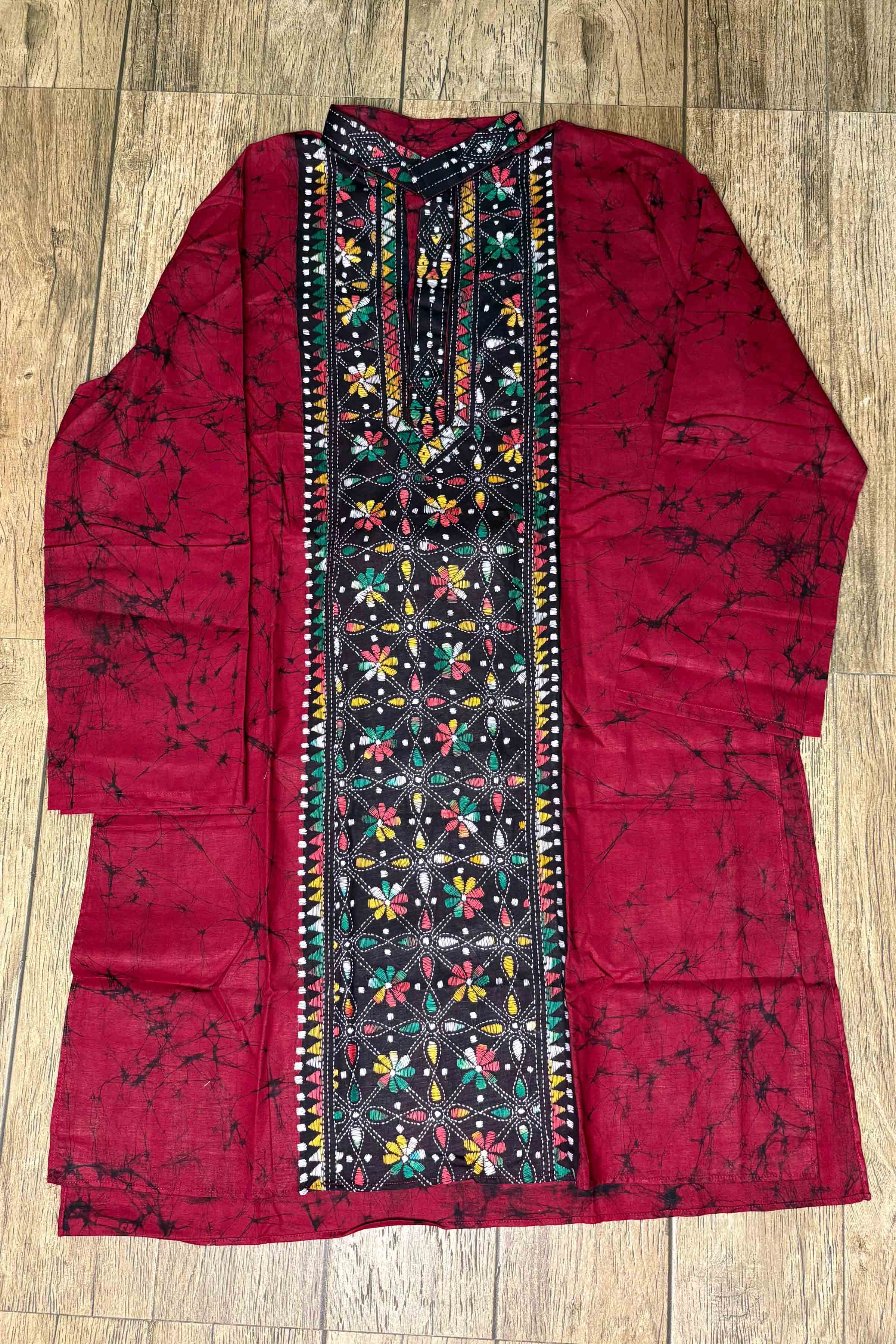 Red Pure Cotton Batik with Kantha Work (Hand Embroidery) Panjabi