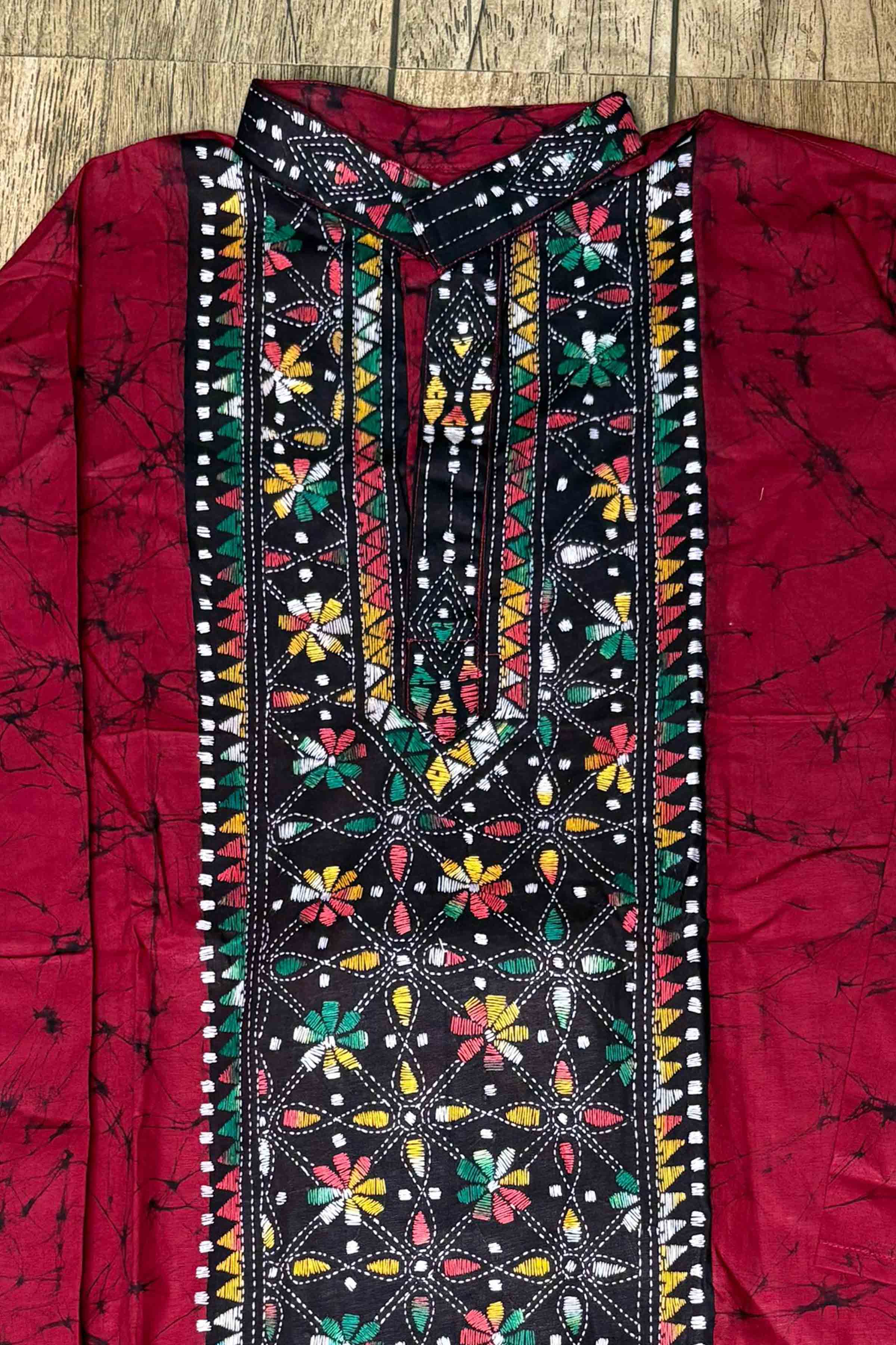 Red Pure Cotton Batik with Kantha Work (Hand Embroidery) Panjabi