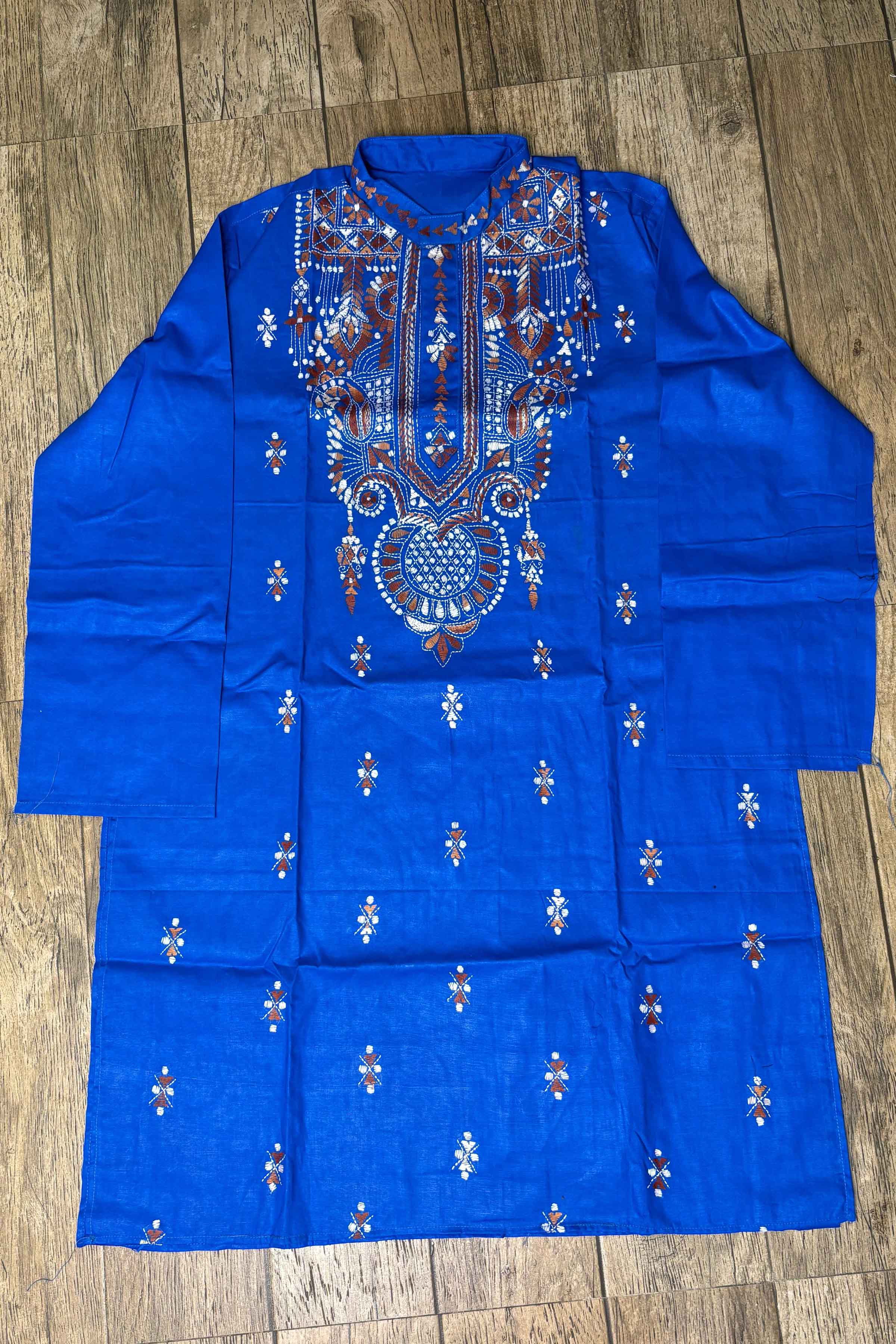 Blue Pure Cotton with Kantha Work (Hand Embroidery) Panjabi