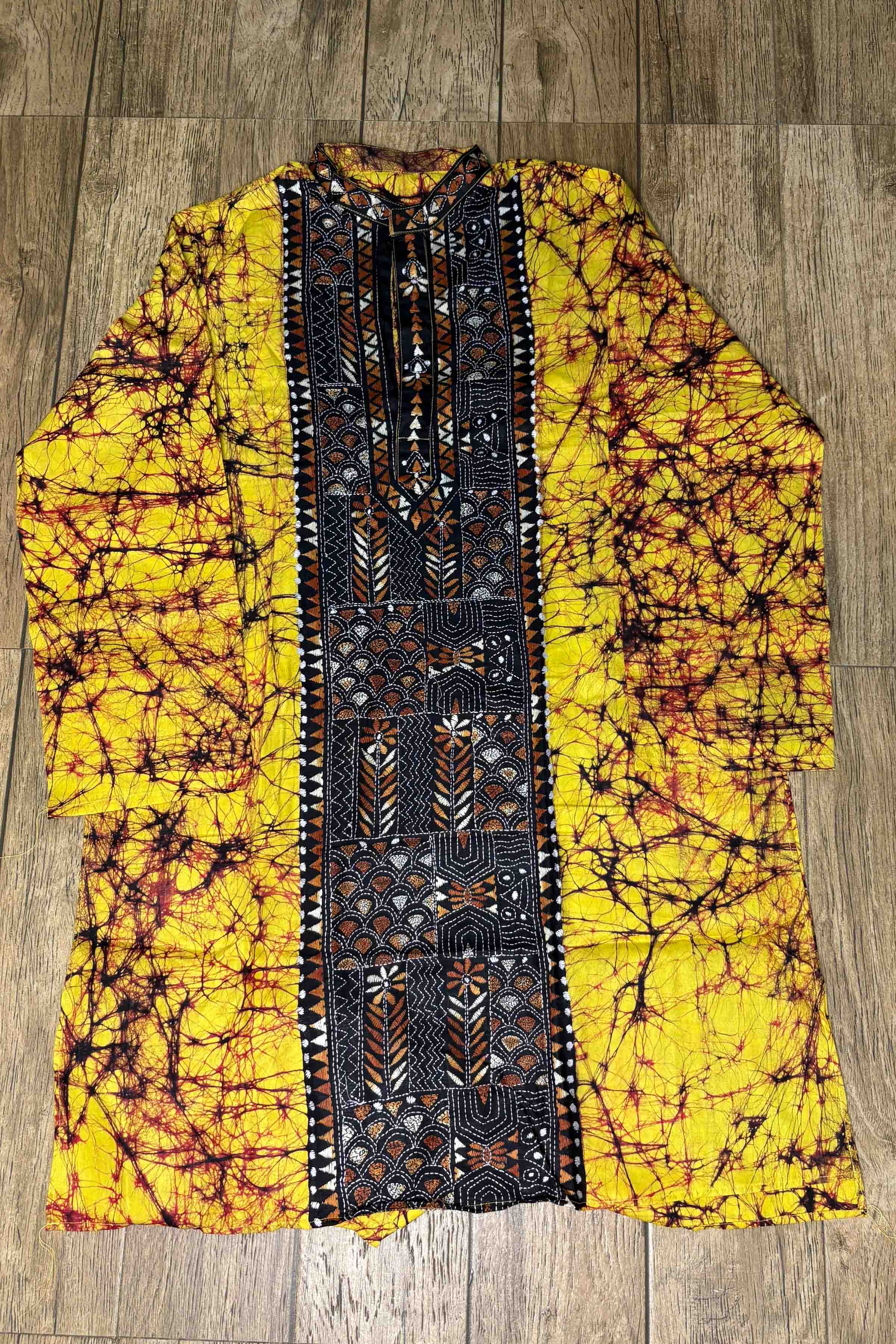 Yellow Pure Cotton Batik with Kantha Work (Hand Embroidery) Panjabi