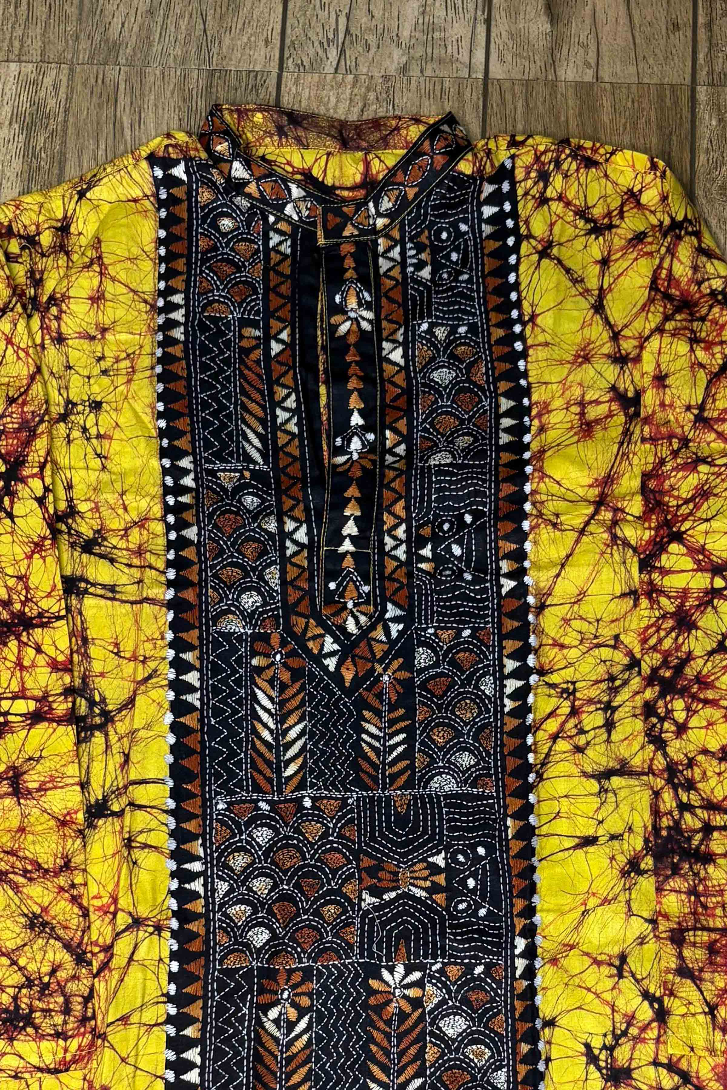 Yellow Pure Cotton Batik with Kantha Work (Hand Embroidery) Panjabi