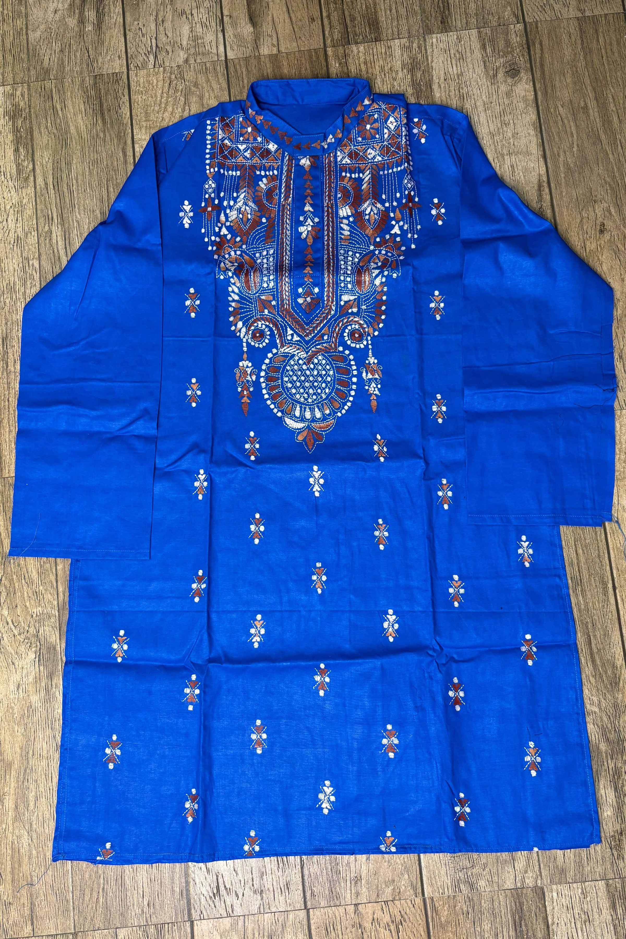 Blue Pure Cotton with Kantha Work (Hand Embroidery) Panjabi
