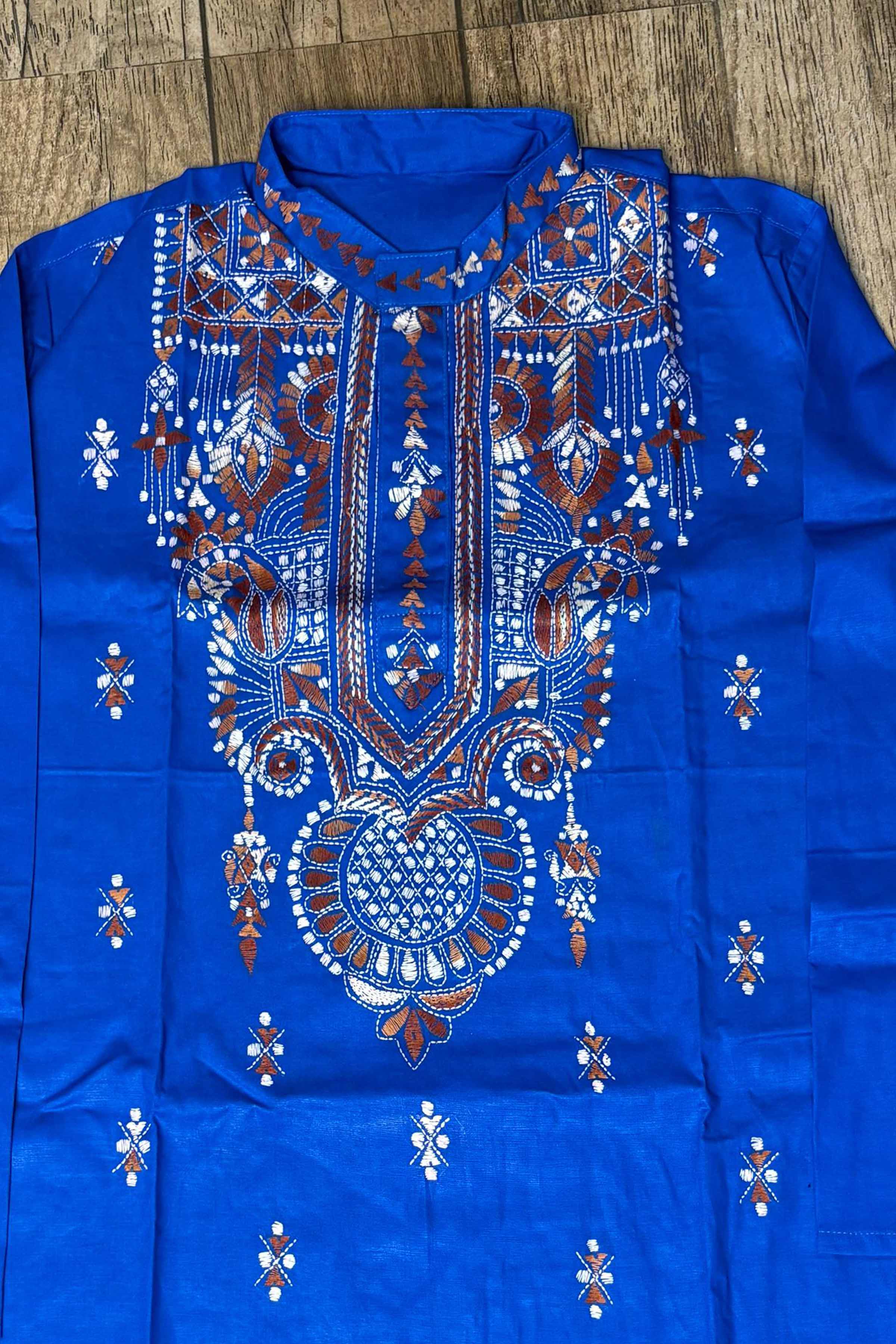 Blue Pure Cotton with Kantha Work (Hand Embroidery) Panjabi