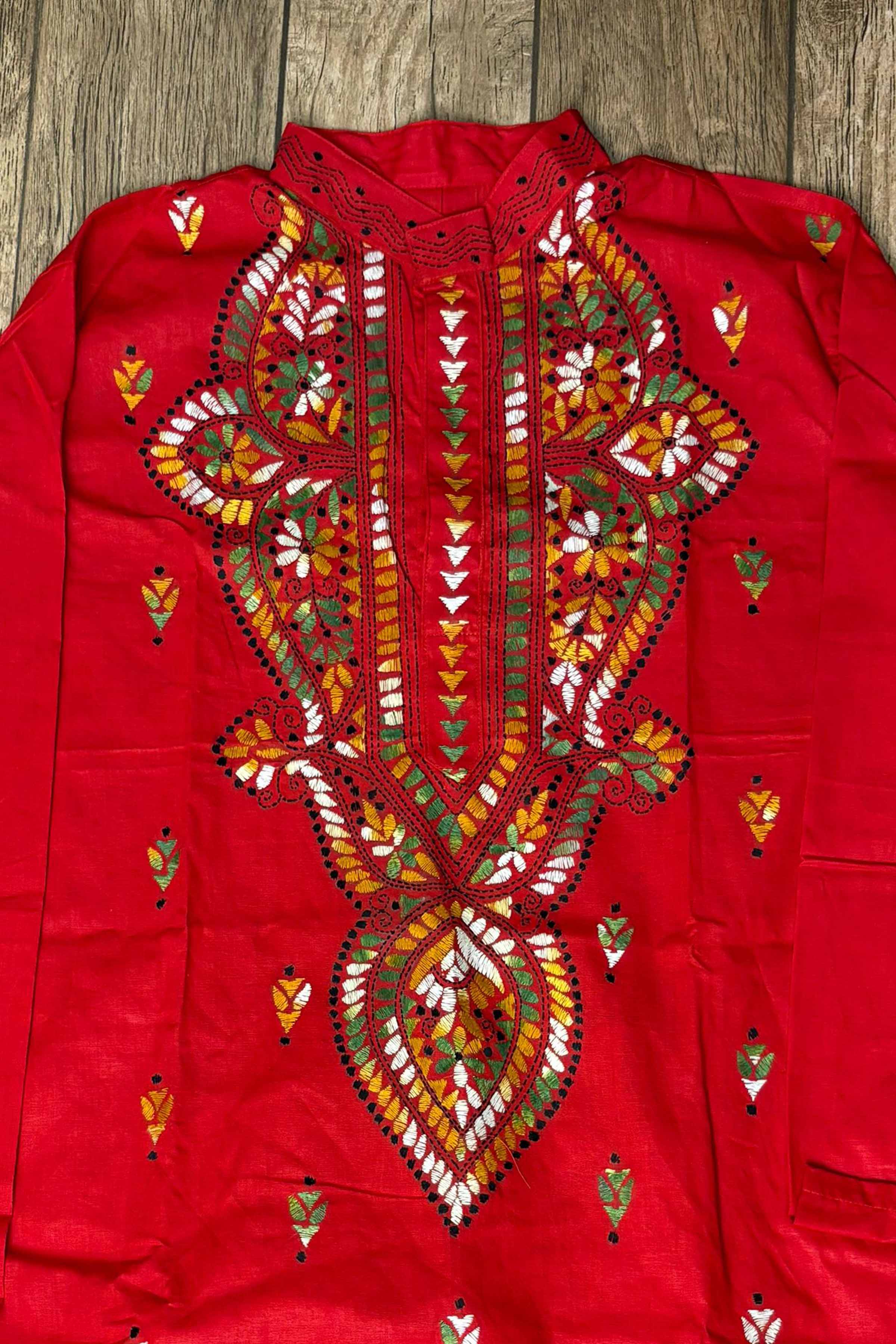Red Pure Cotton with Kantha Work (Hand Embroidery) Panjabi