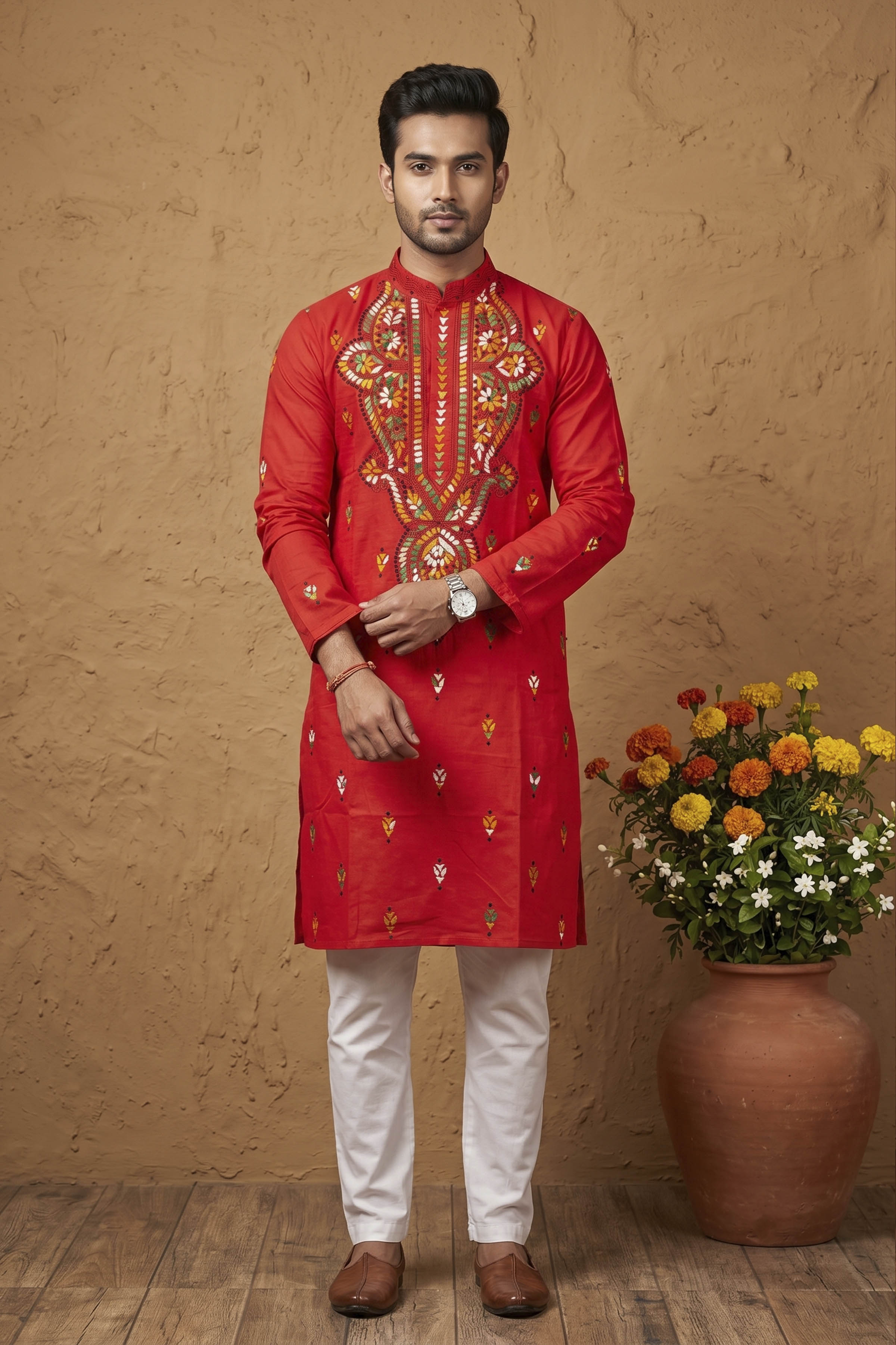 Red Pure Cotton with Kantha Work (Hand Embroidery) Panjabi