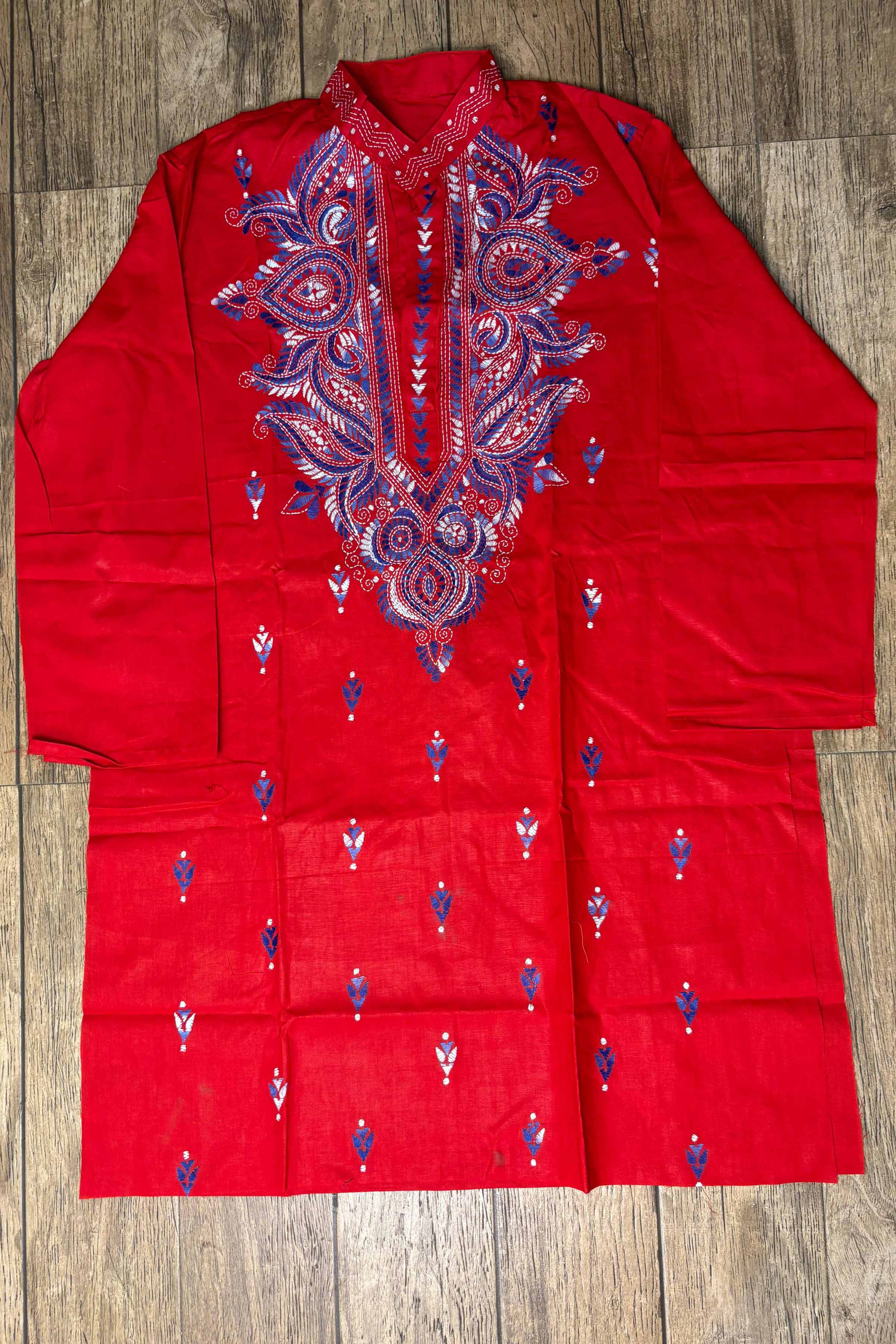 Red Pure Cotton with Kantha Work (Hand Embroidery) Panjabi