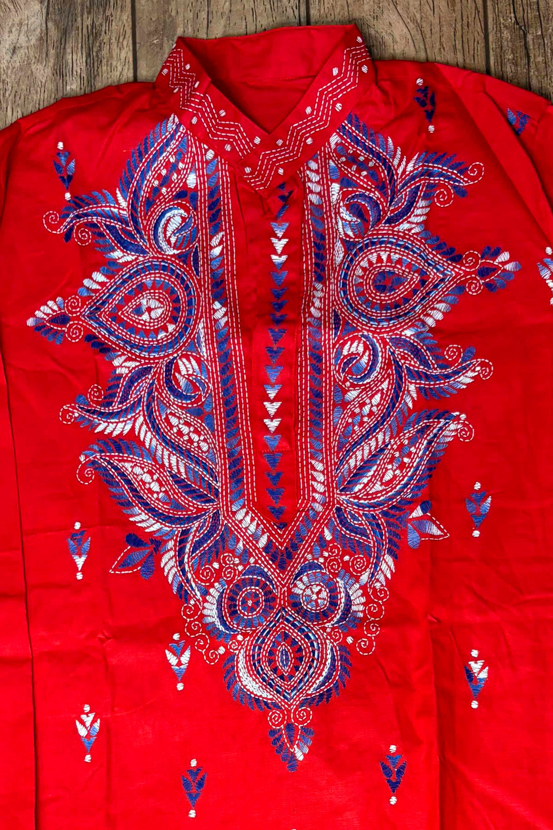 Red Pure Cotton with Kantha Work (Hand Embroidery) Panjabi