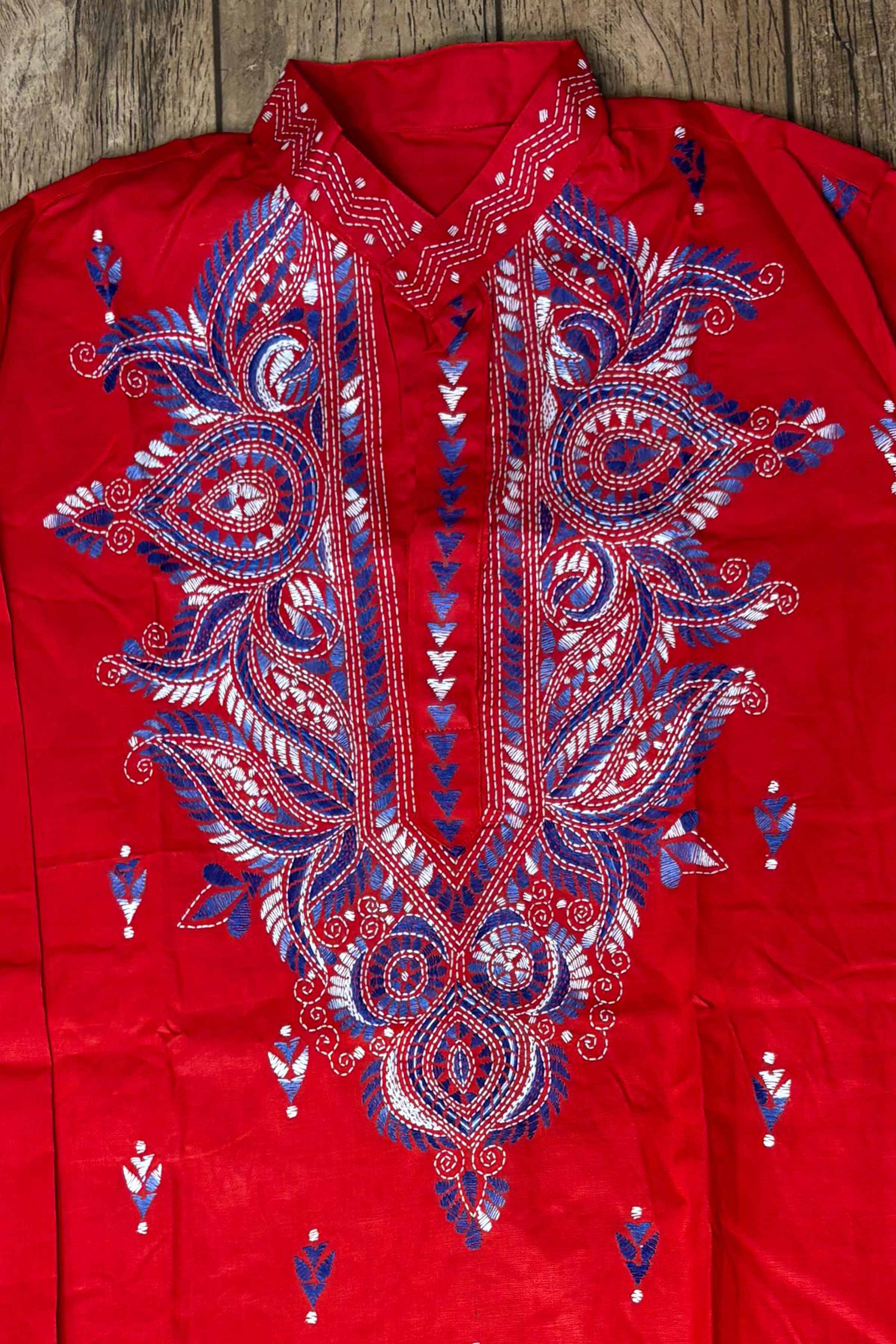 Red Pure Cotton with Kantha Work (Hand Embroidery) Panjabi
