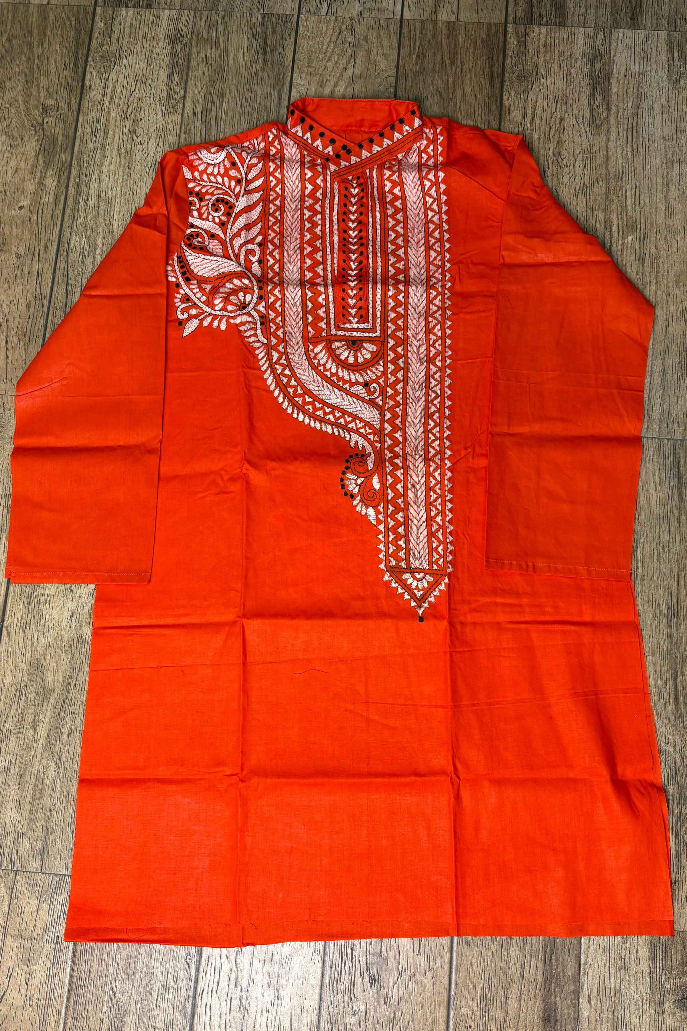 Red Pure Cotton with Kantha Work (Hand Embroidery) Panjabi