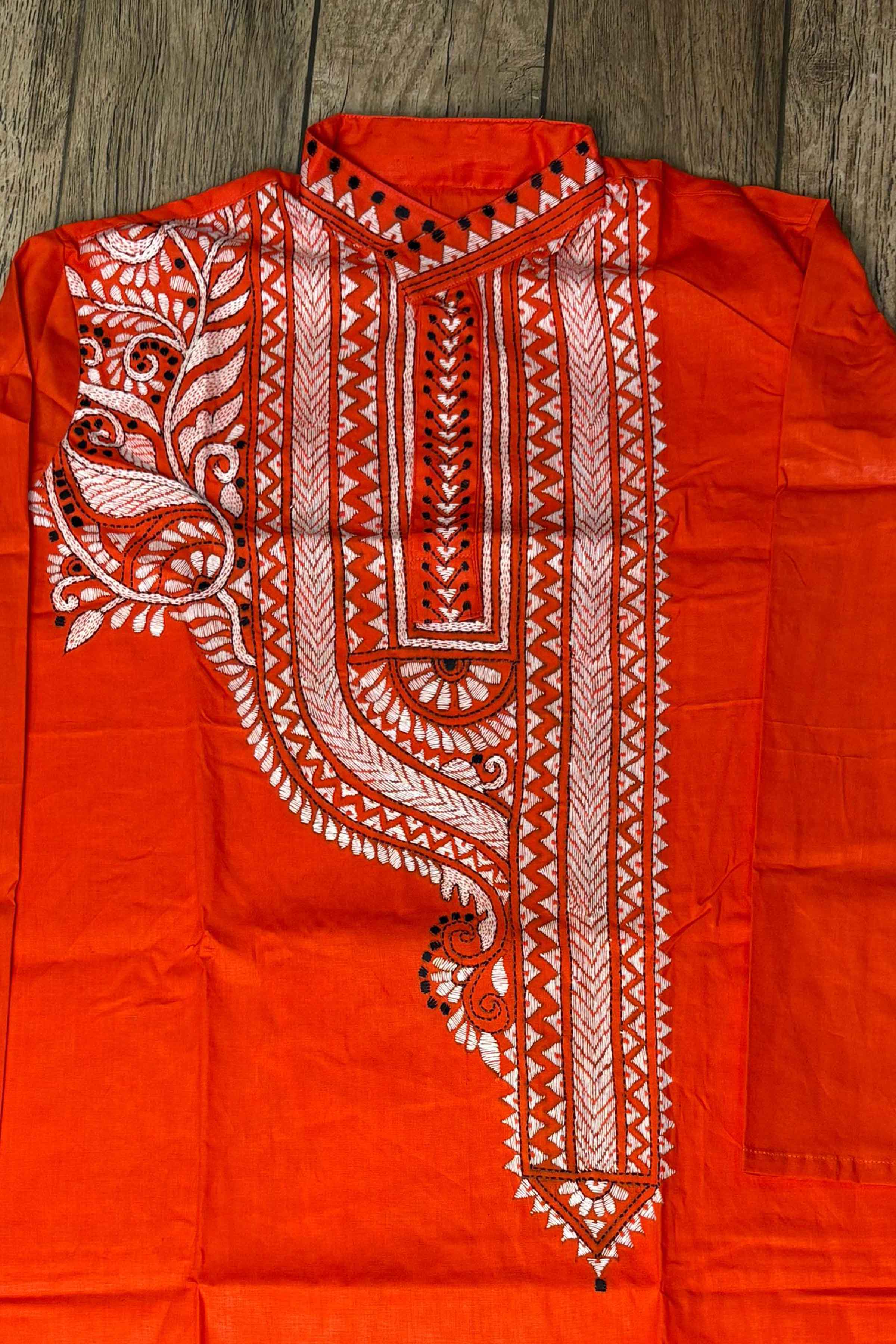 Red Pure Cotton with Kantha Work (Hand Embroidery) Panjabi