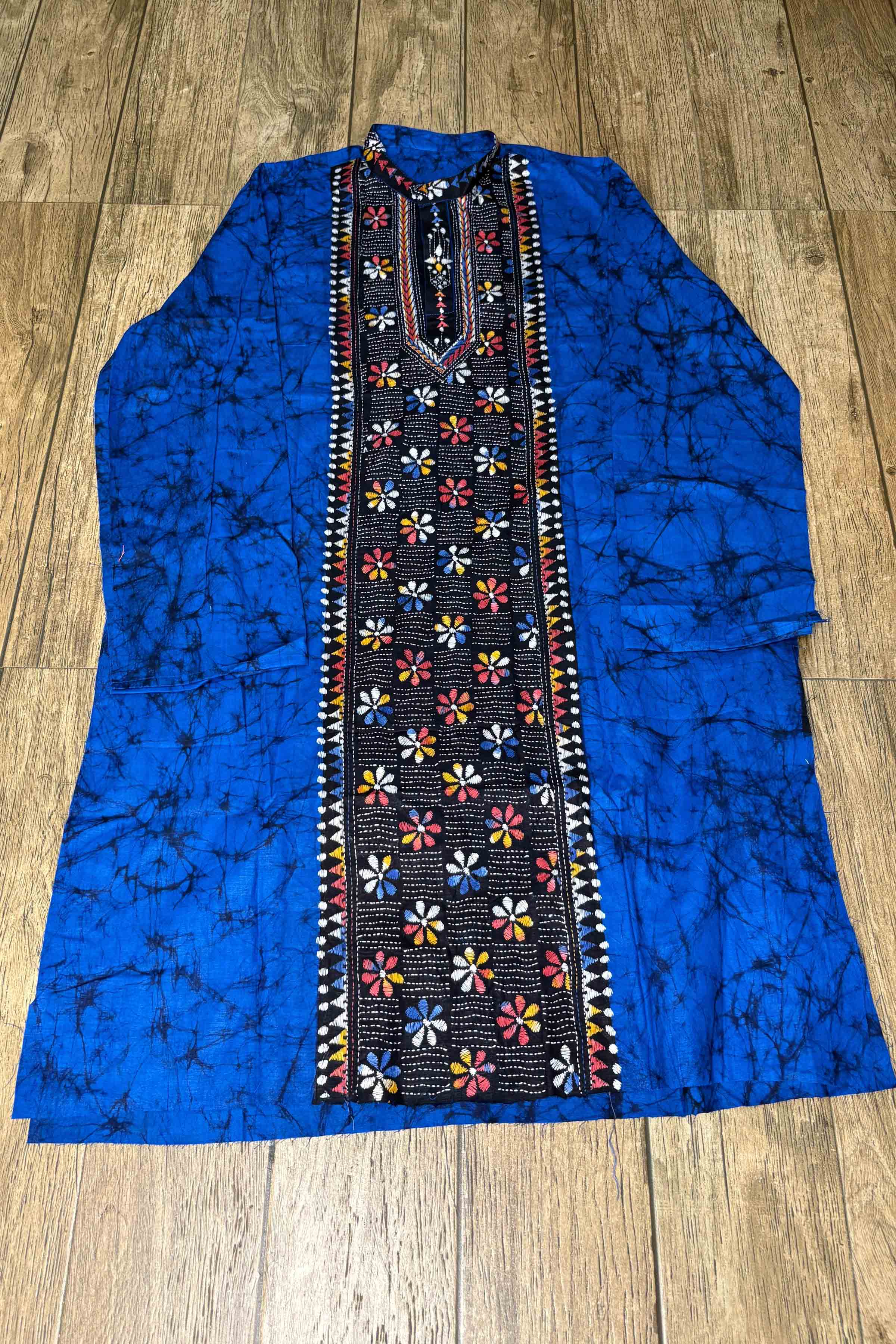 Blue Pure Cotton Batik with Kantha Work (Hand Embroidery) Panjabi