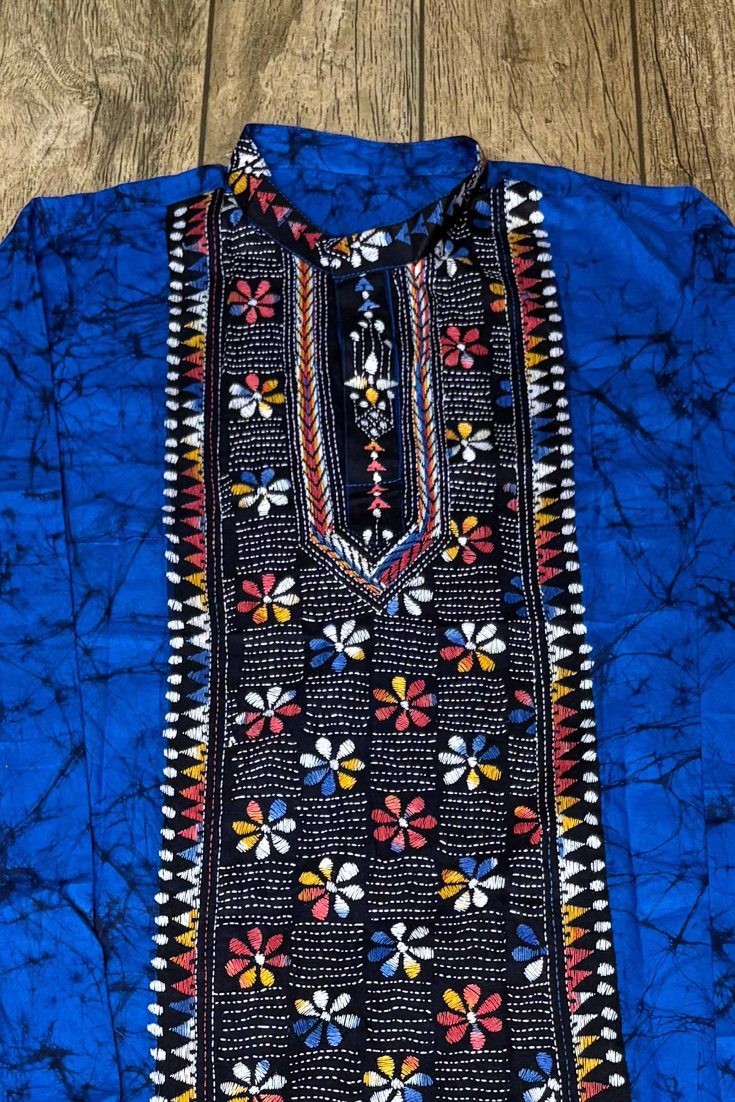 Blue Pure Cotton Batik with Kantha Work (Hand Embroidery) Panjabi