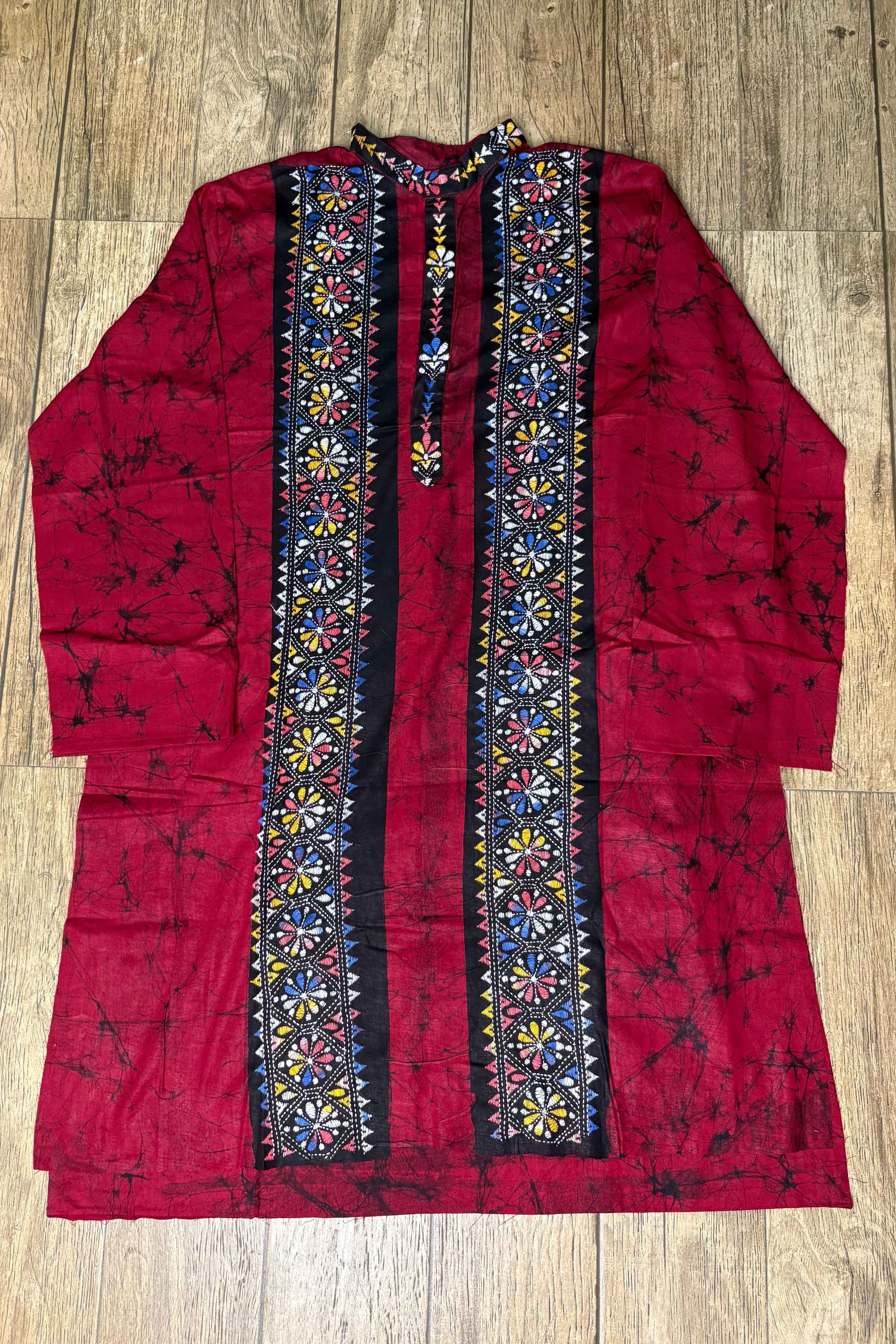 Maroon Pure Cotton Batik with Kantha Work (Hand Embroidery) Panjabi