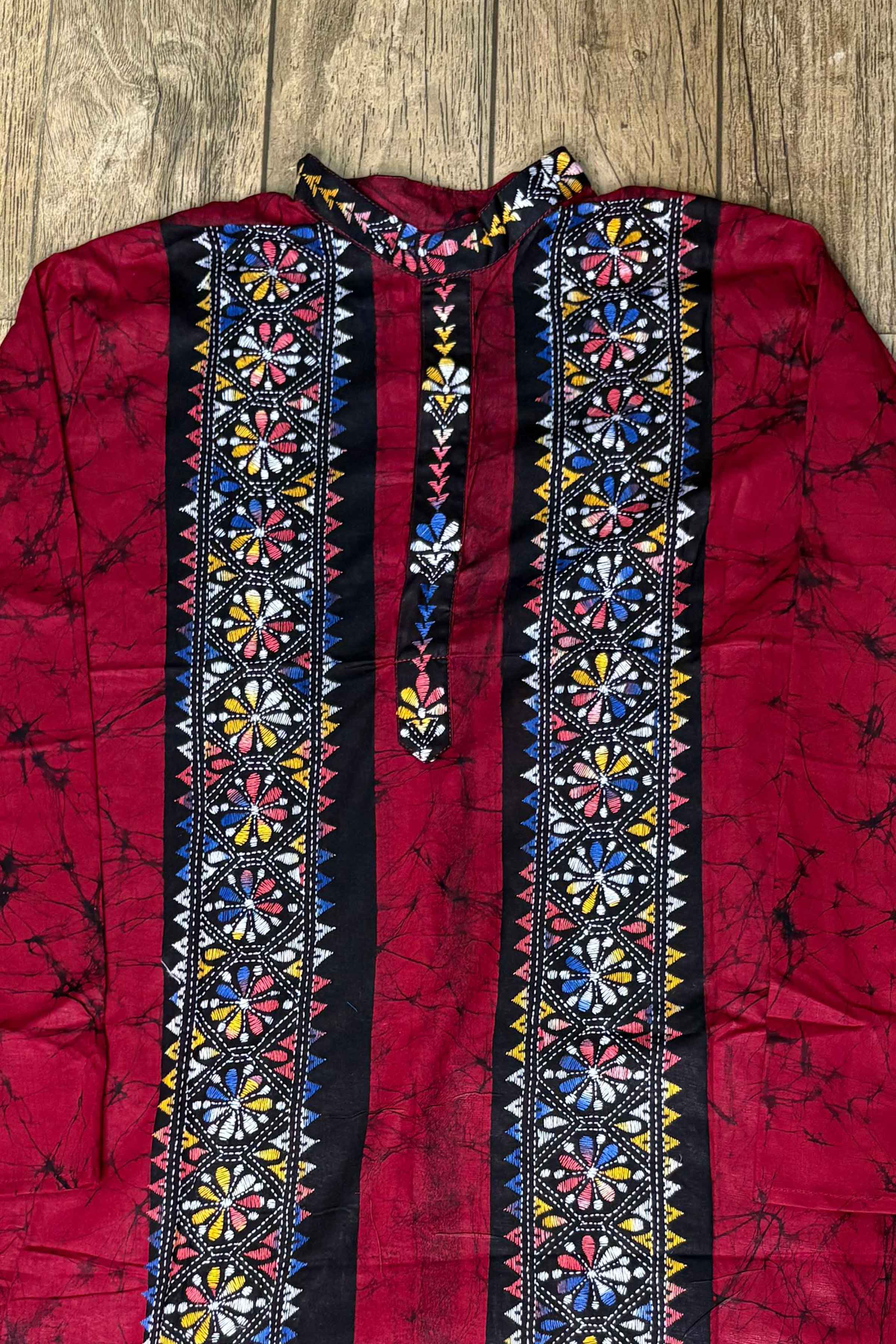 Maroon Pure Cotton Batik with Kantha Work (Hand Embroidery) Panjabi