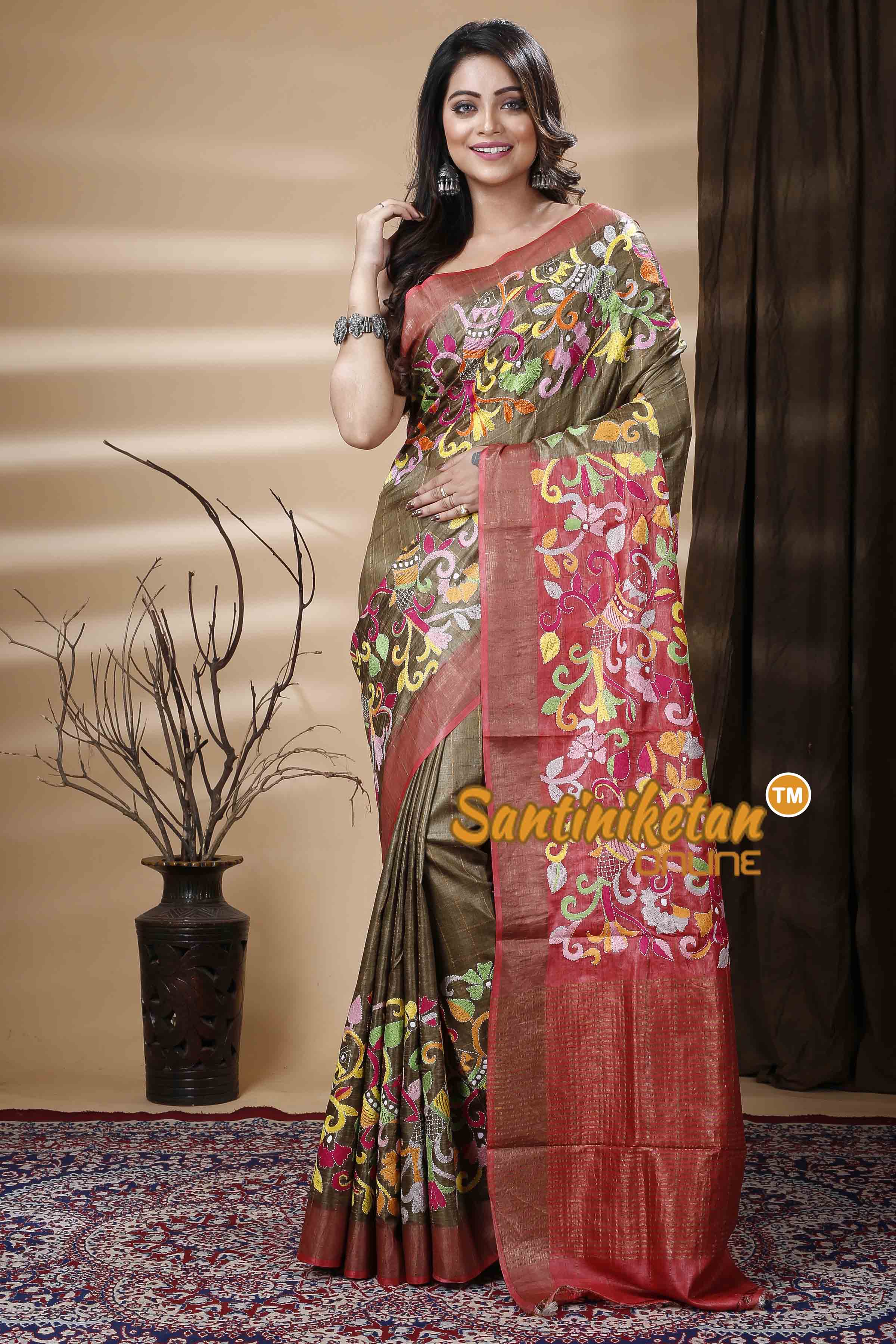All Over Zari Tussar Silk Kantha Stitch Saree SN202310826