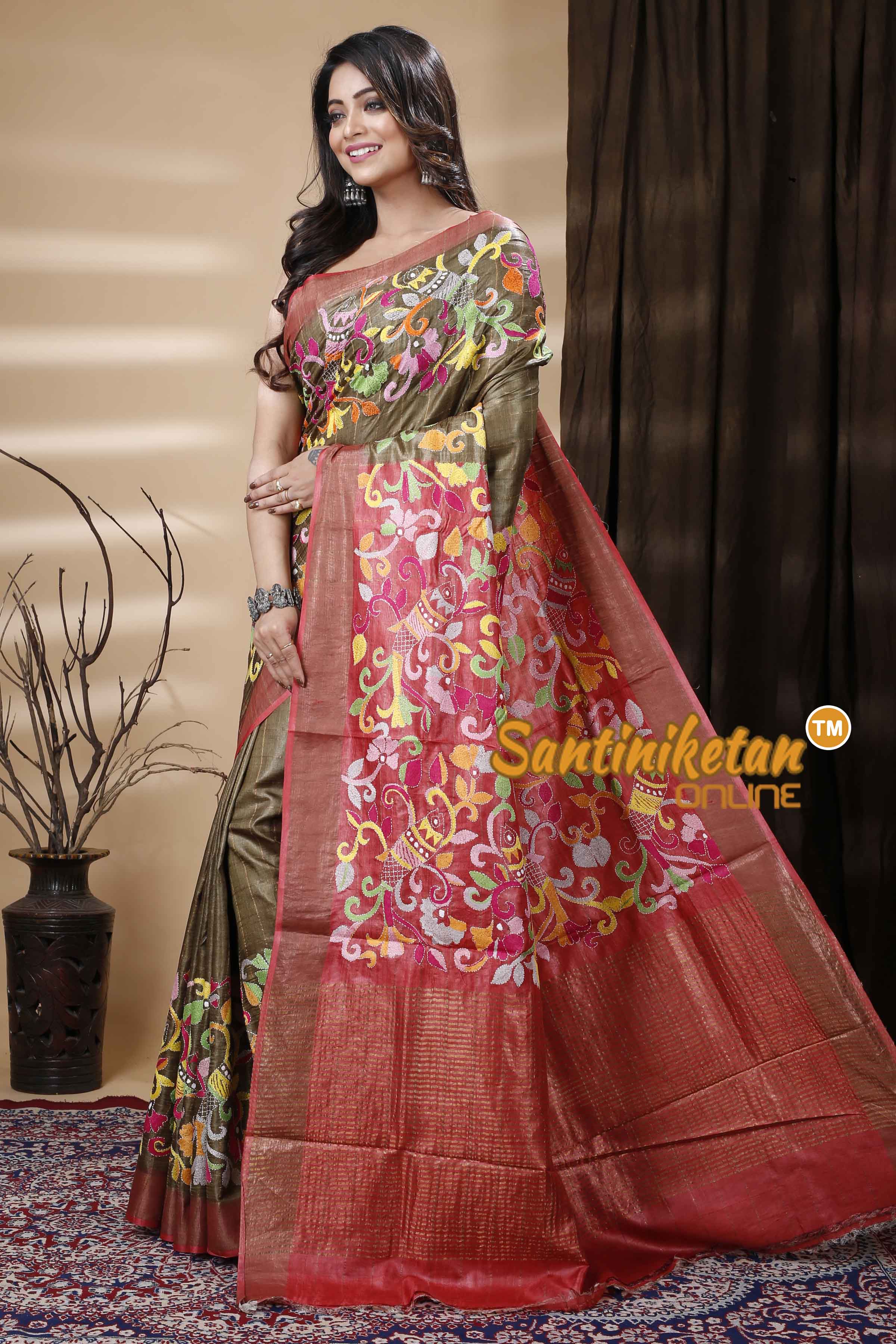 All Over Zari Tussar Silk Kantha Stitch Saree SN202310826