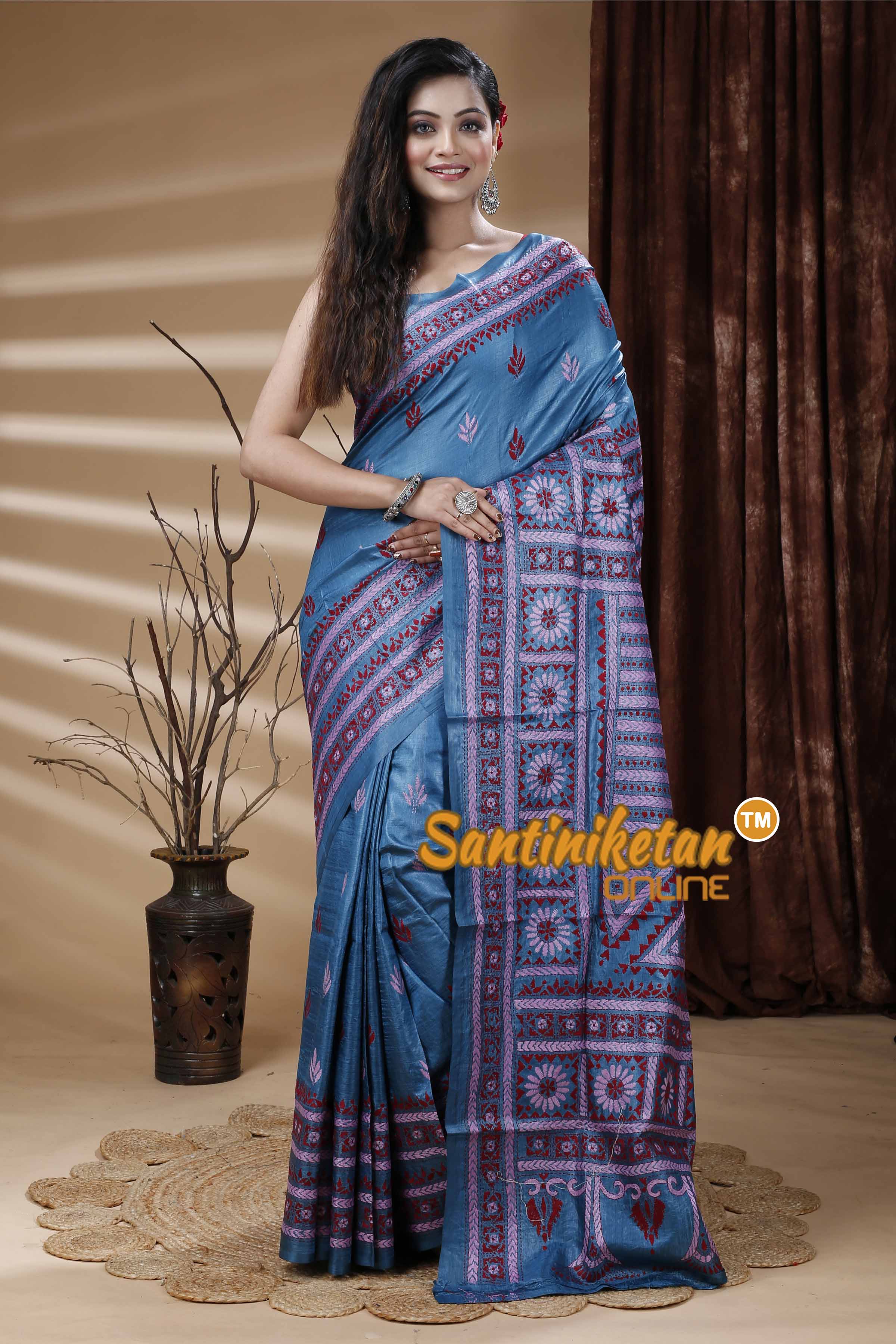 Dye Tussar Silk Kantha Stitch Saree SN202311349