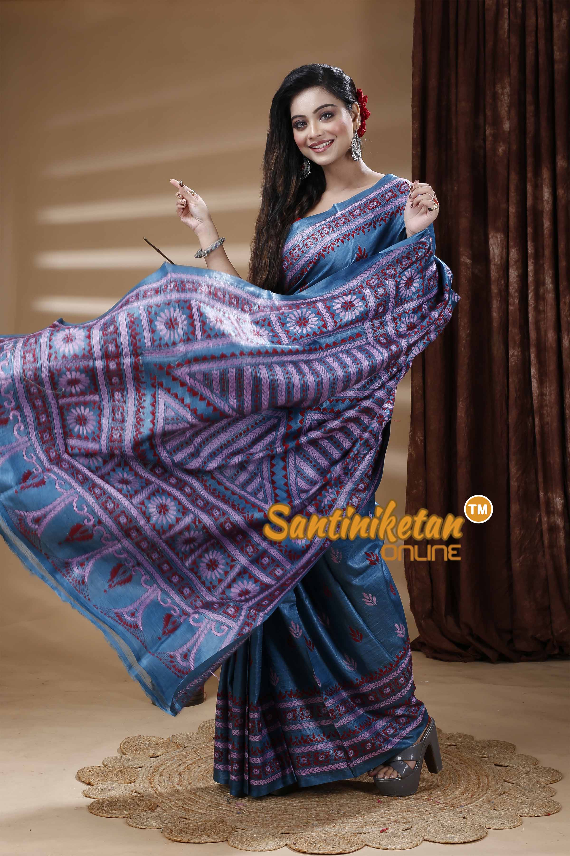 Dye Tussar Silk Kantha Stitch Saree SN202311349