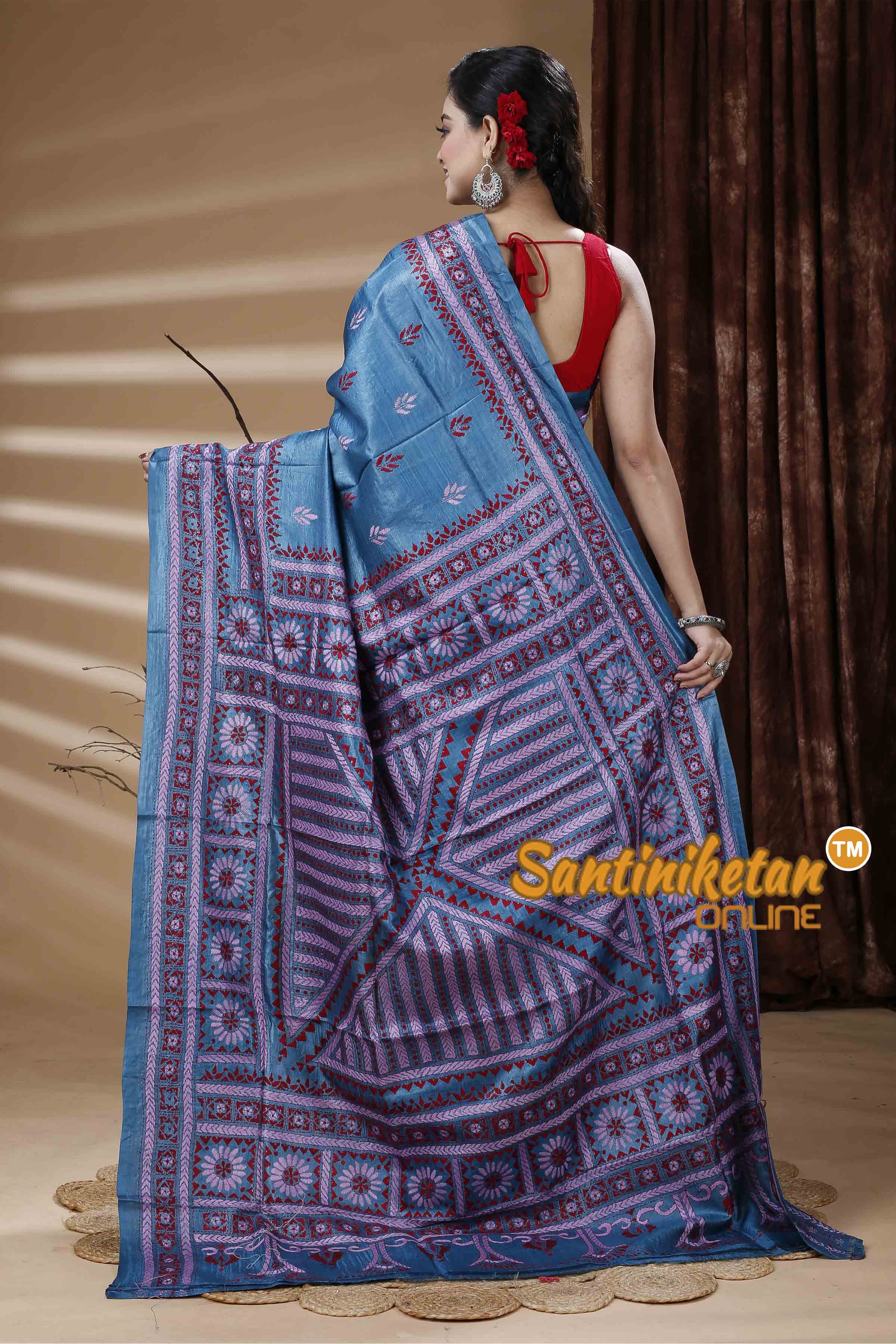 Dye Tussar Silk Kantha Stitch Saree SN202311349
