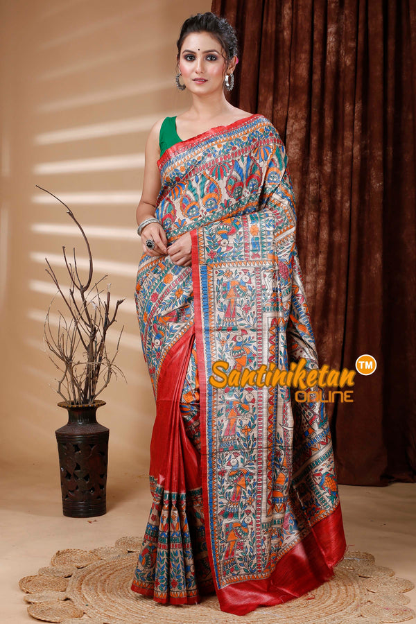 Pure Dye Tussar Ghicha Silk Handcrafted Madhubani Saree SN202312883