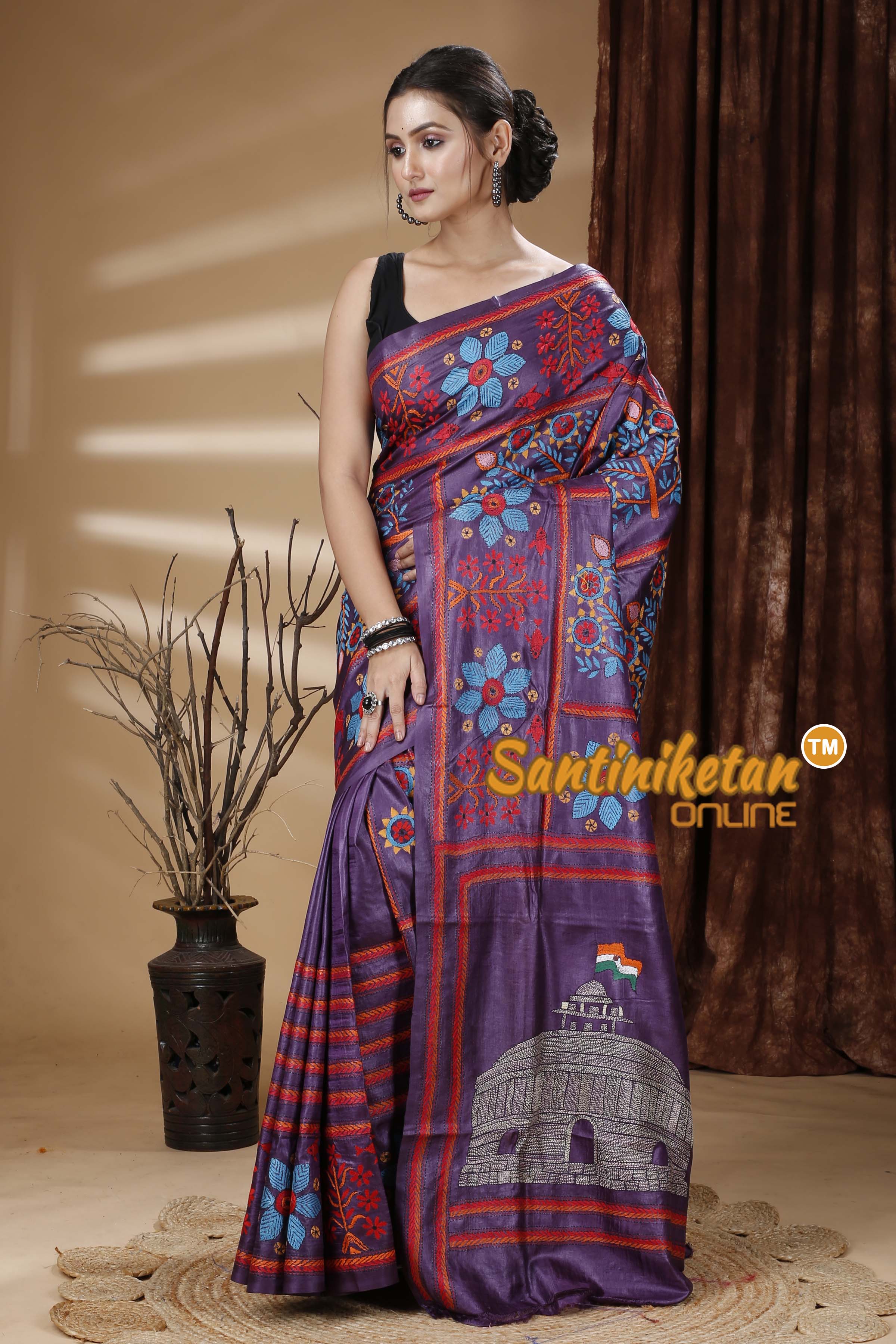 Dye Pure Tussar Silk Kantha Stitch Saree SN202313156