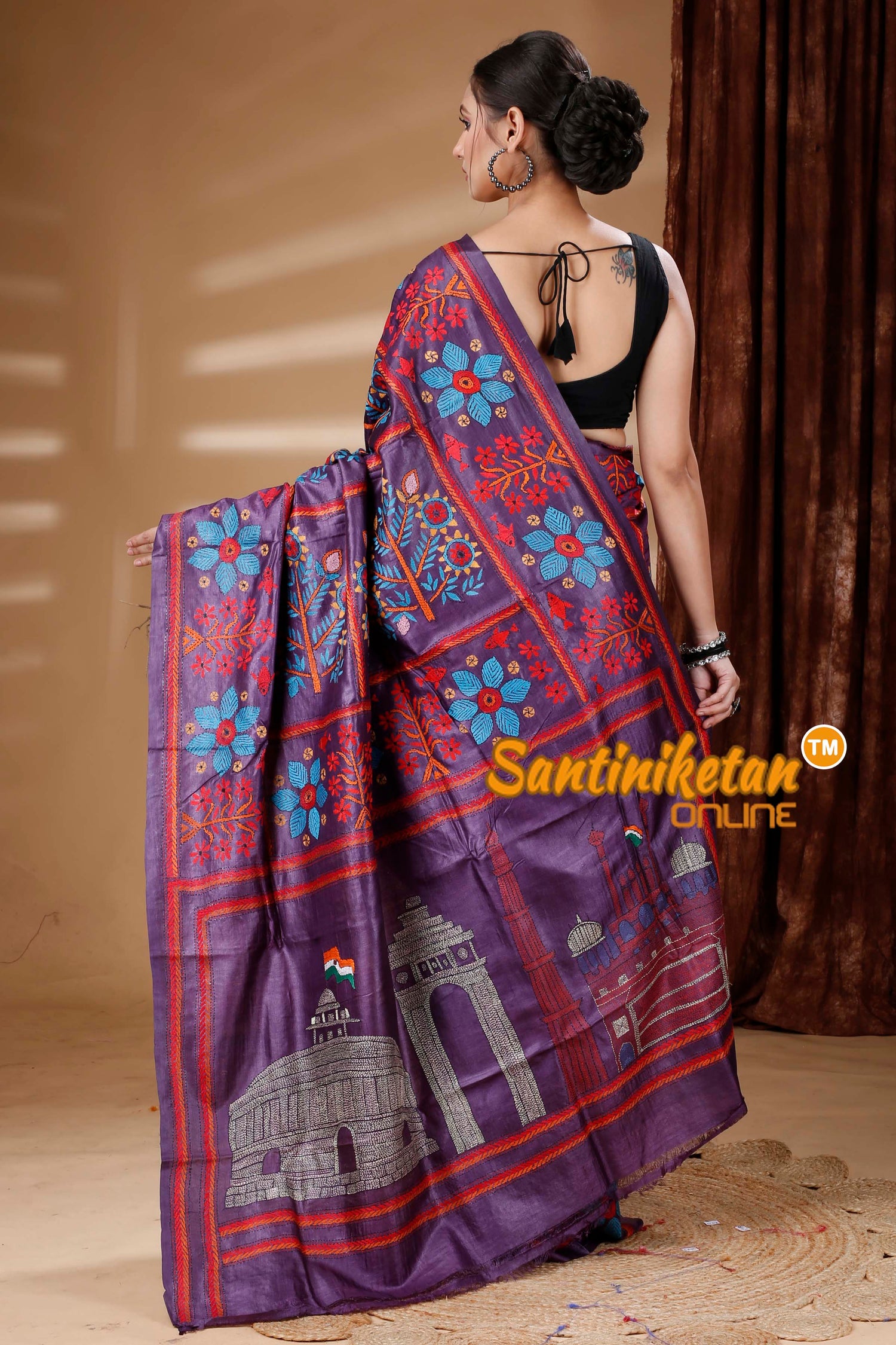 Dye Pure Tussar Silk Kantha Stitch Saree SN202313156