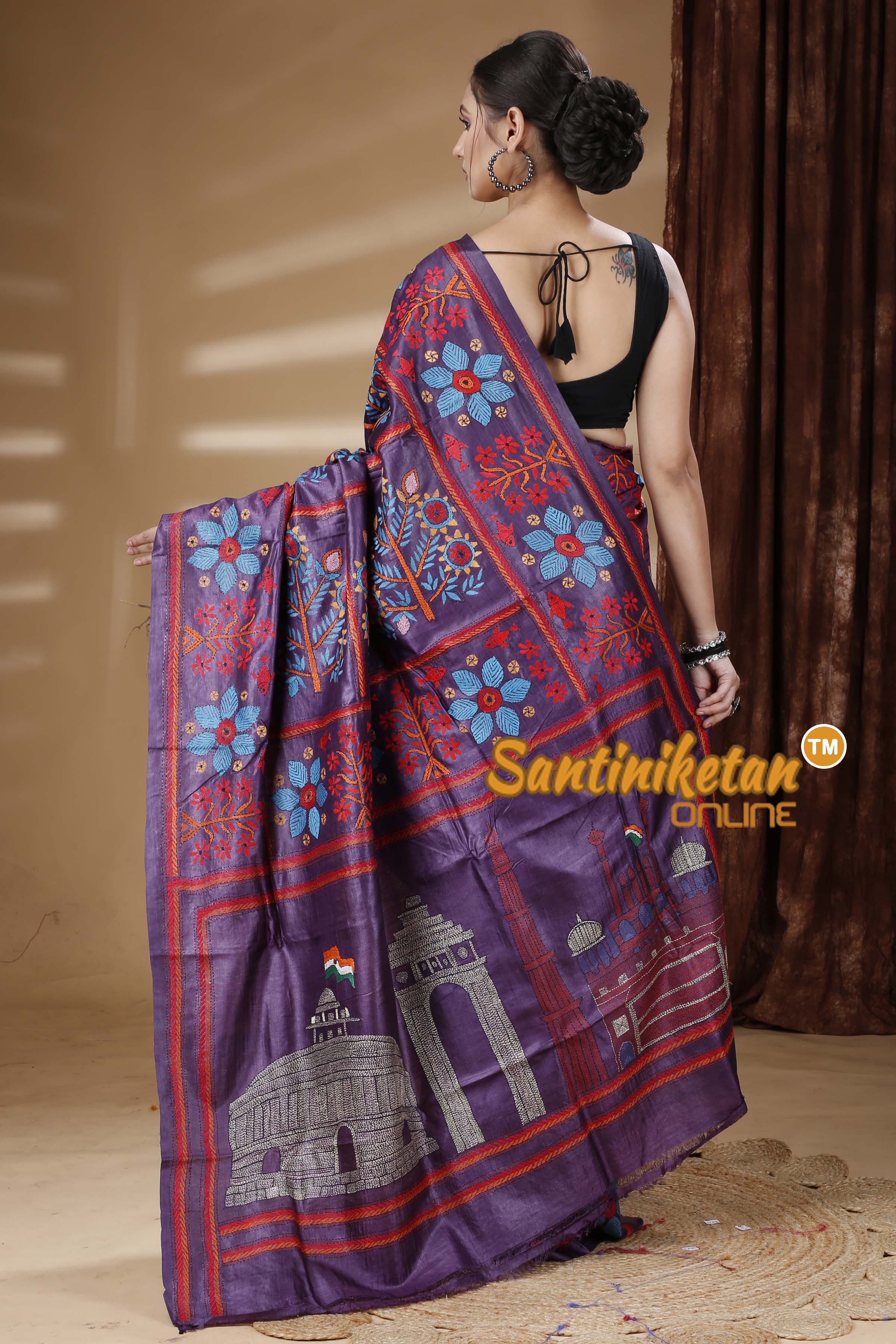 Dye Pure Tussar Silk Kantha Stitch Saree SN202313156