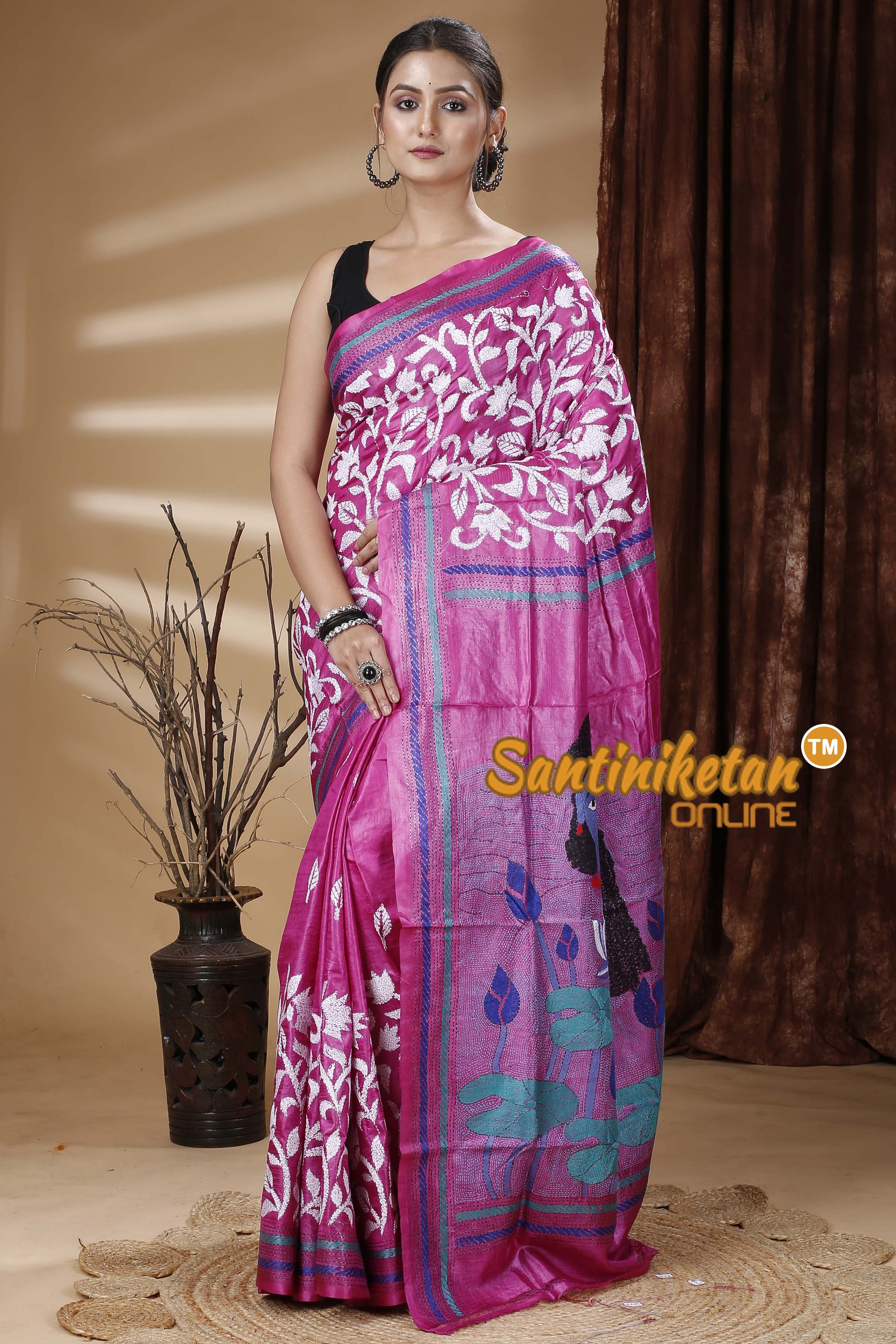 Dye Pure Tussar Silk Kantha Stitch Saree SN202313196