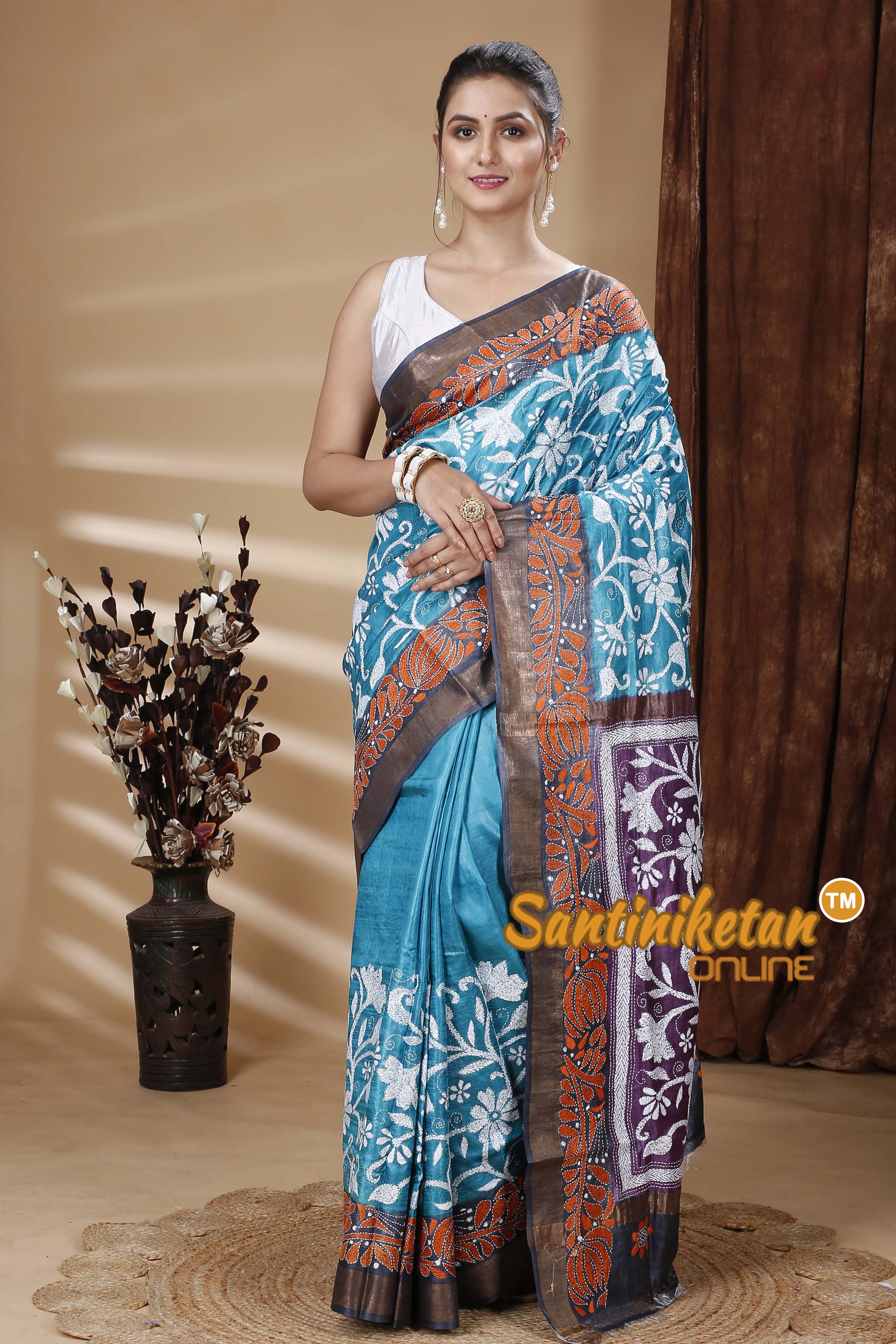 Zari Border Pure Tussar Silk Kantha Stitch Saree SN202314973