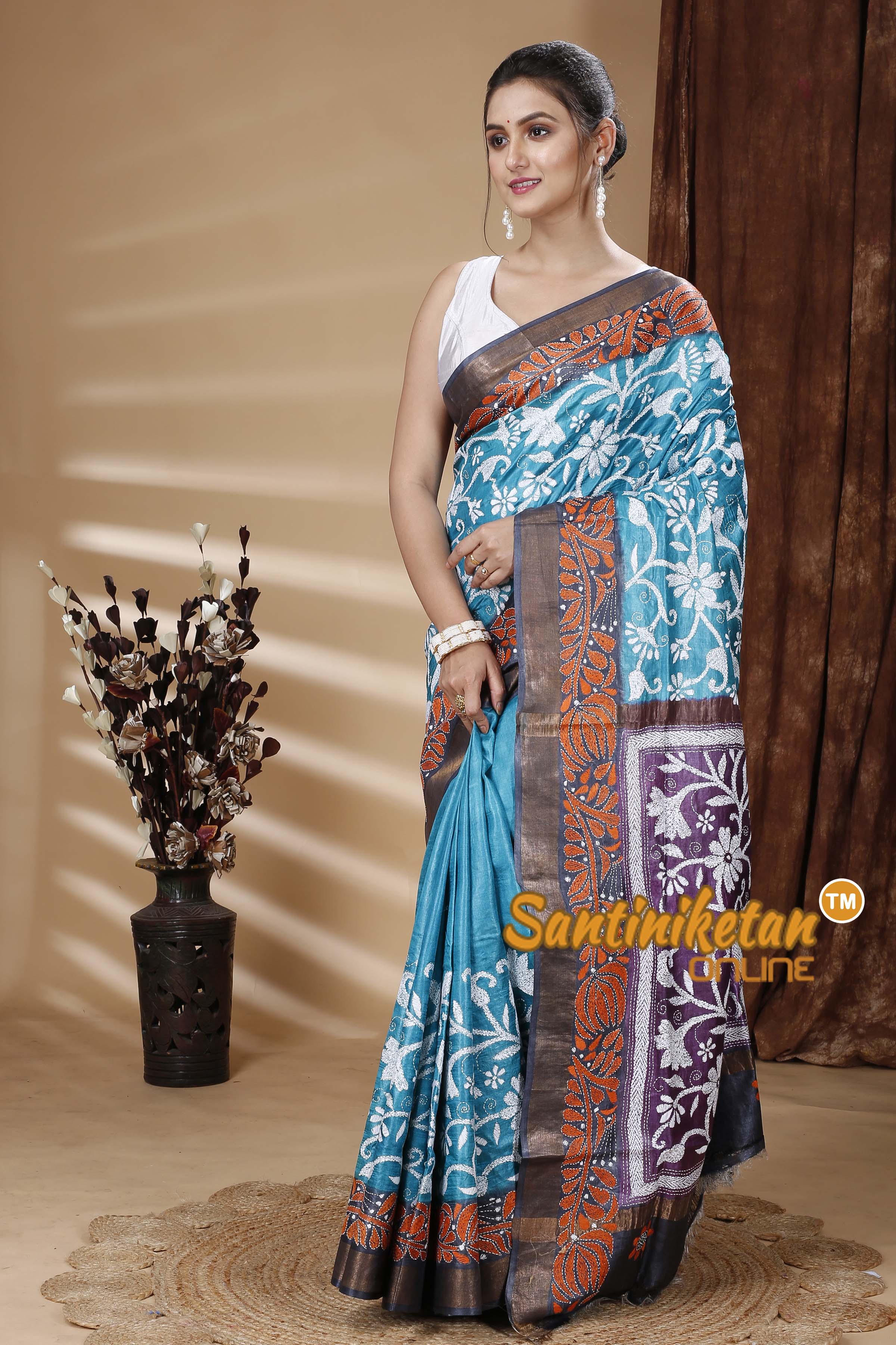 Zari Border Pure Tussar Silk Kantha Stitch Saree SN202314973