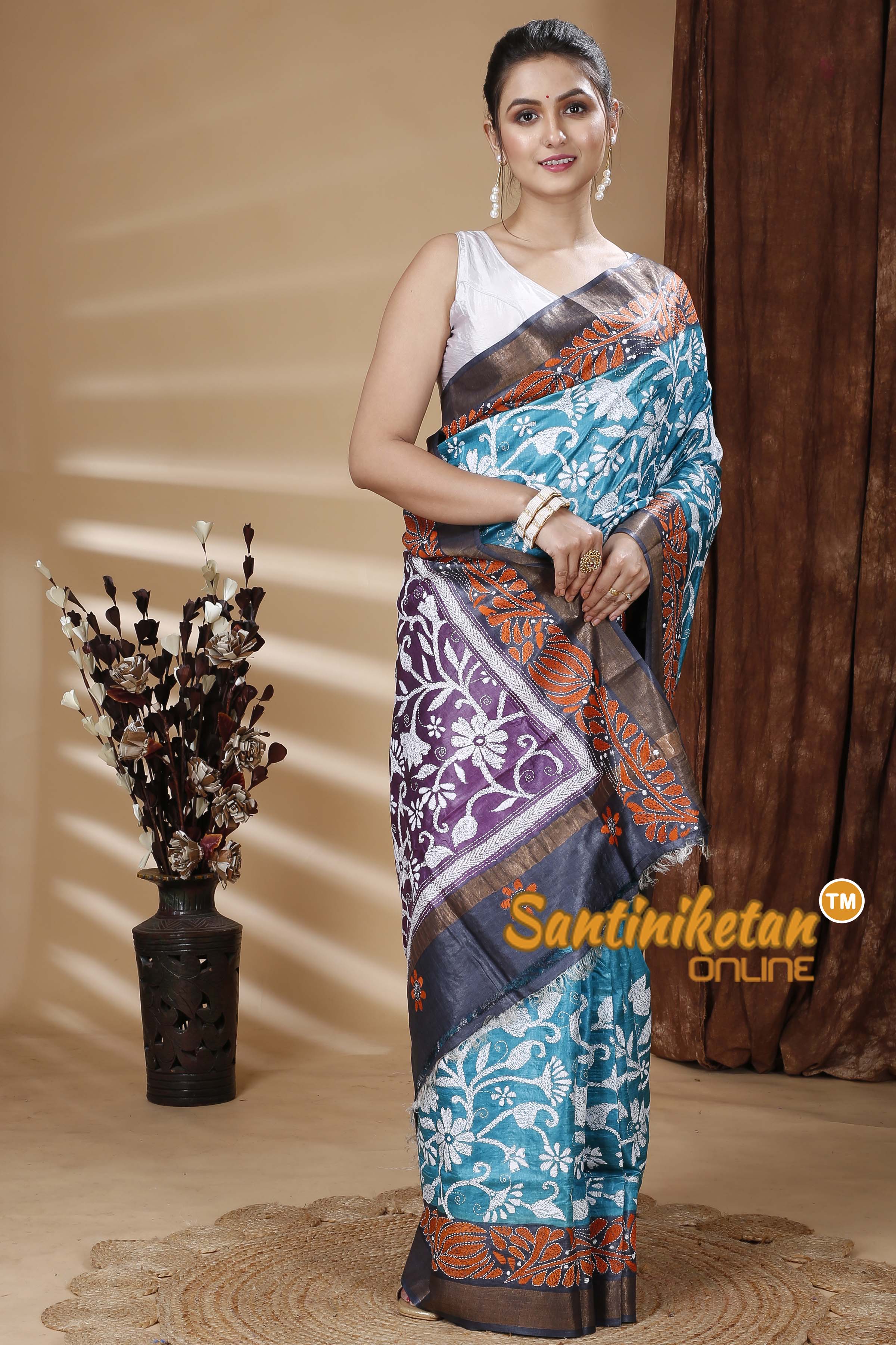 Zari Border Pure Tussar Silk Kantha Stitch Saree SN202314973
