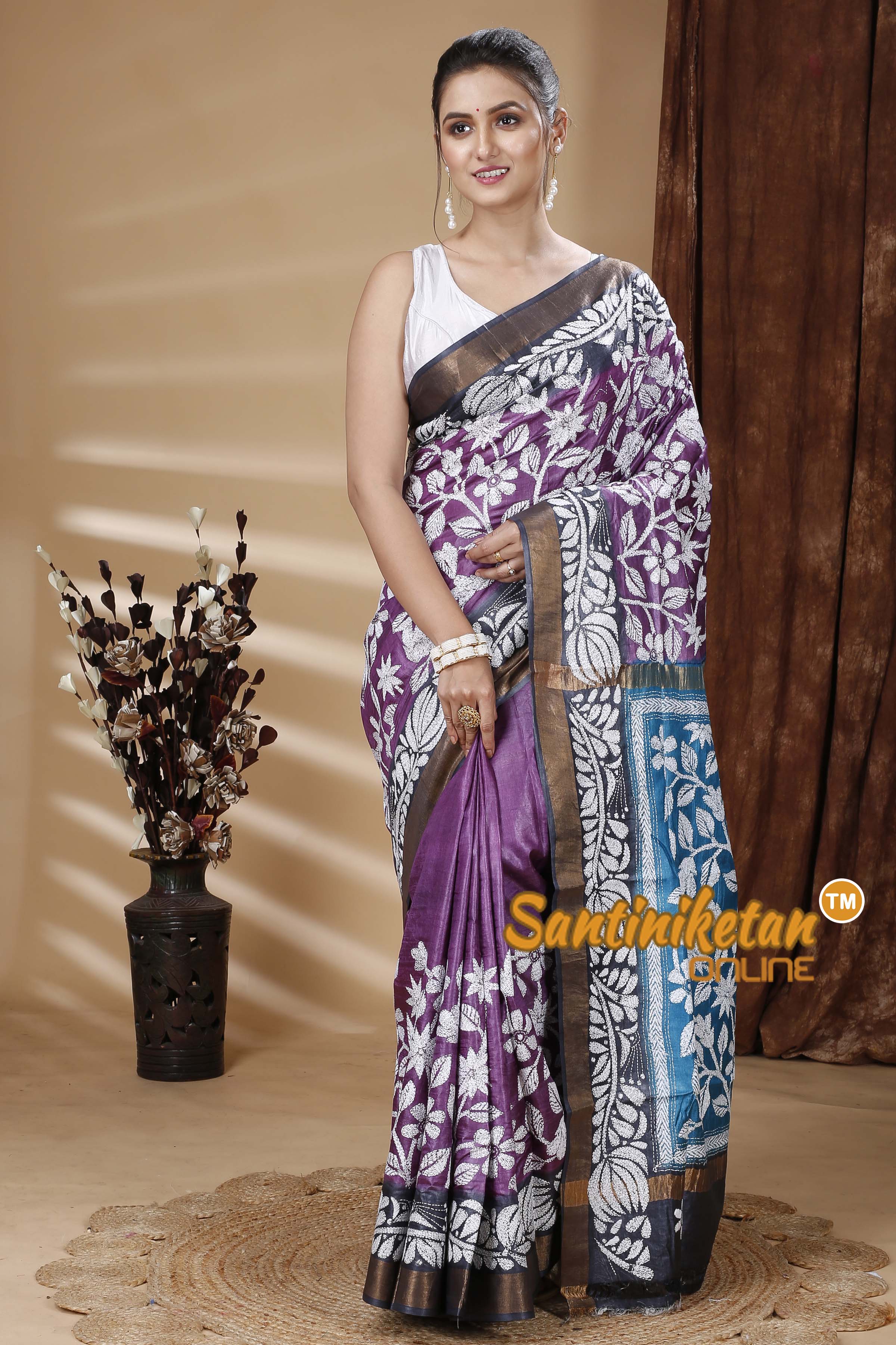 Zari Border Pure Tussar Silk Kantha Stitch Saree SN202315074