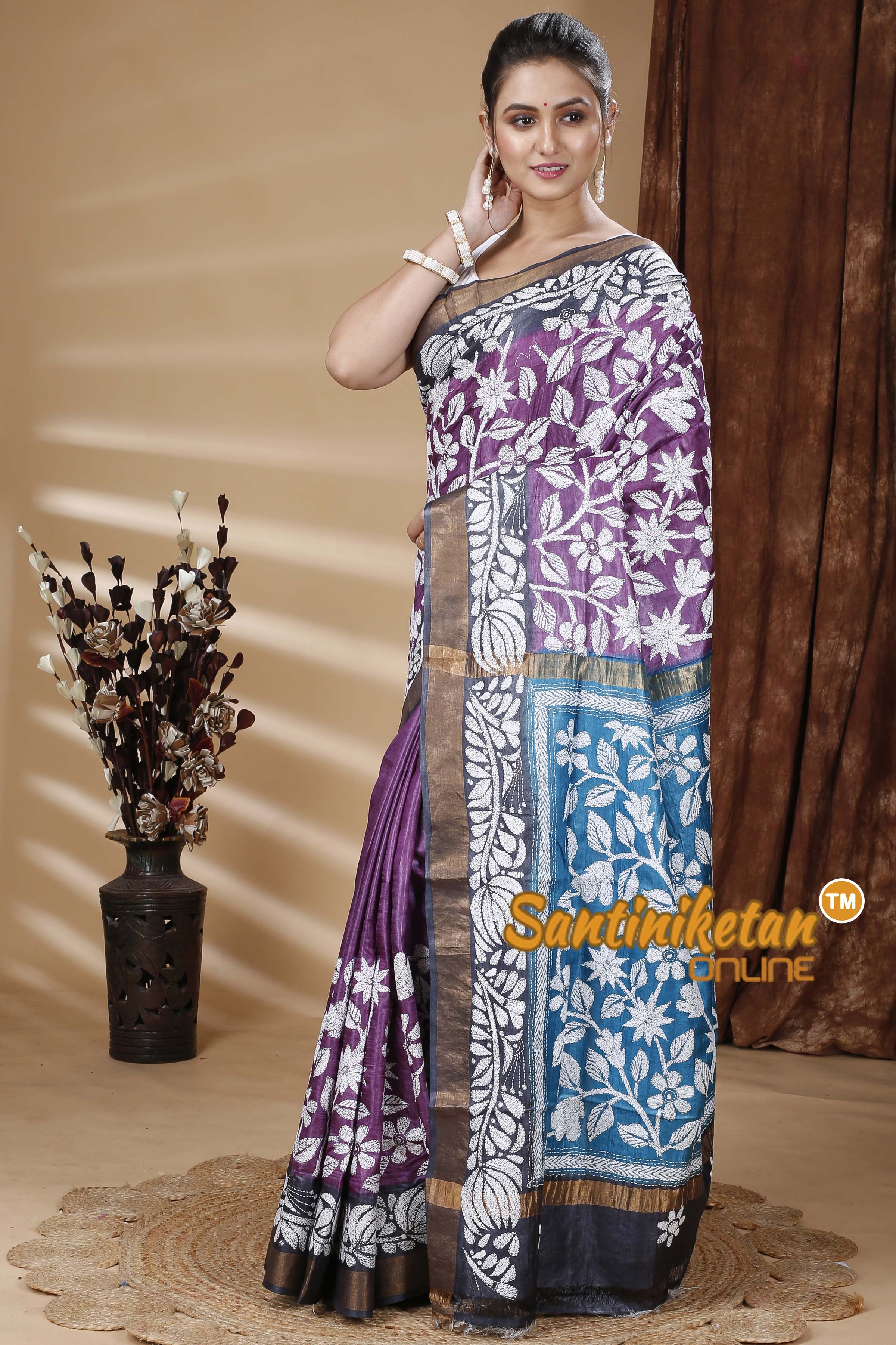 Zari Border Pure Tussar Silk Kantha Stitch Saree SN202315074