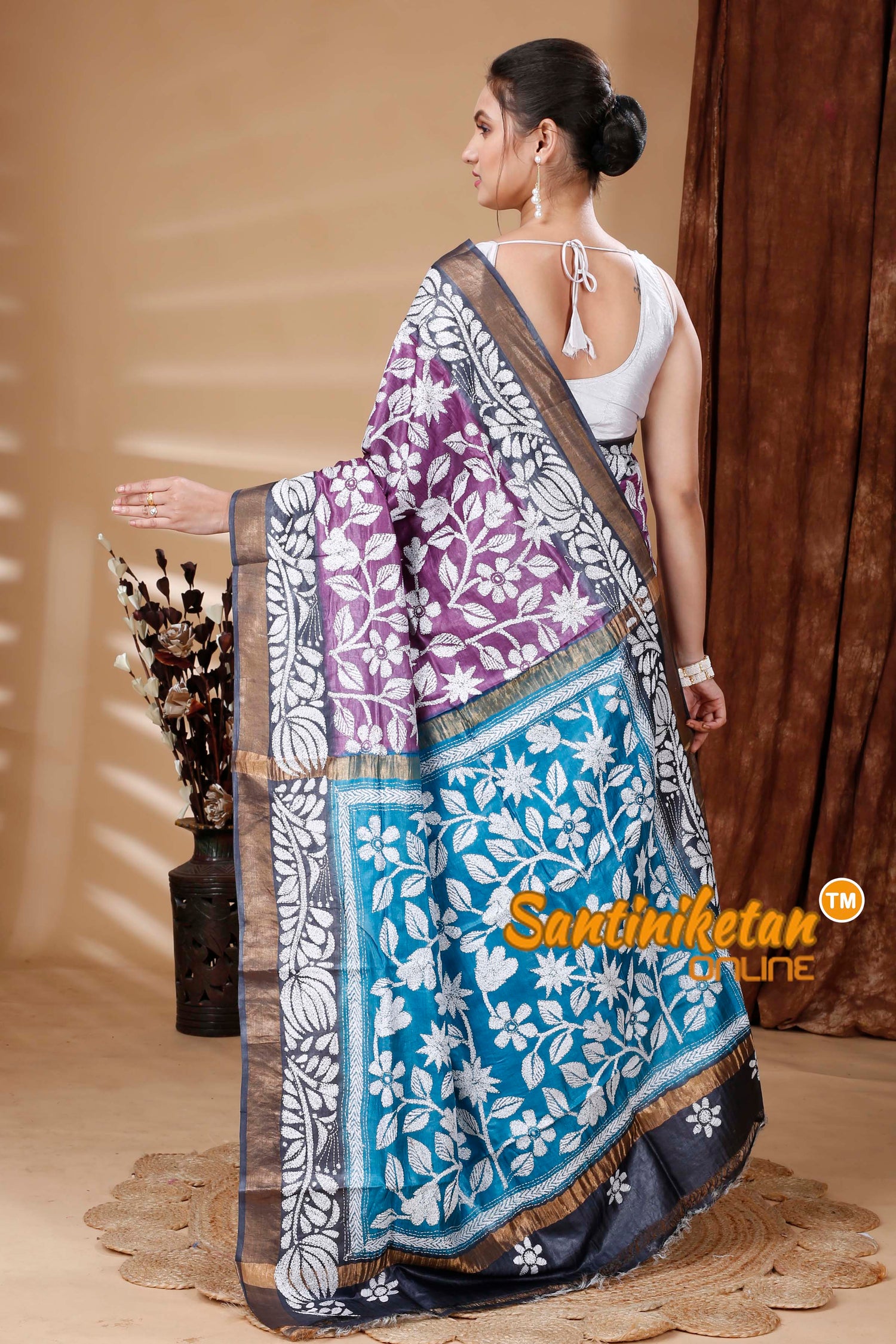 Zari Border Pure Tussar Silk Kantha Stitch Saree SN202315074