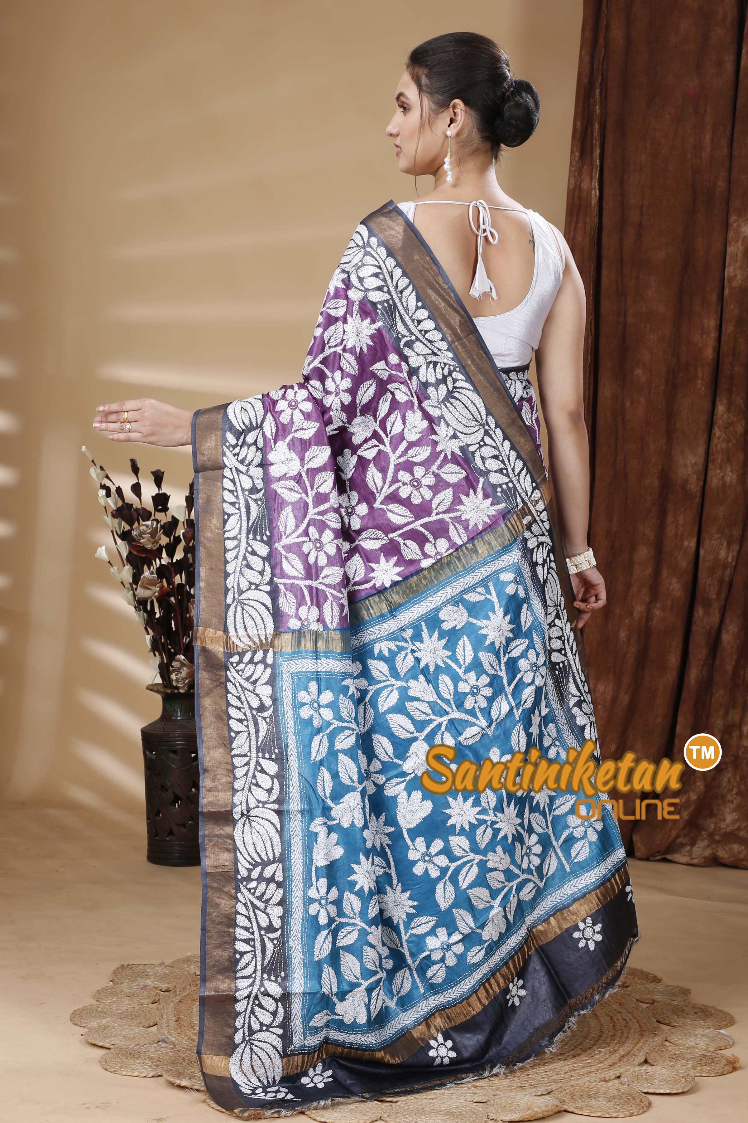 Zari Border Pure Tussar Silk Kantha Stitch Saree SN202315074