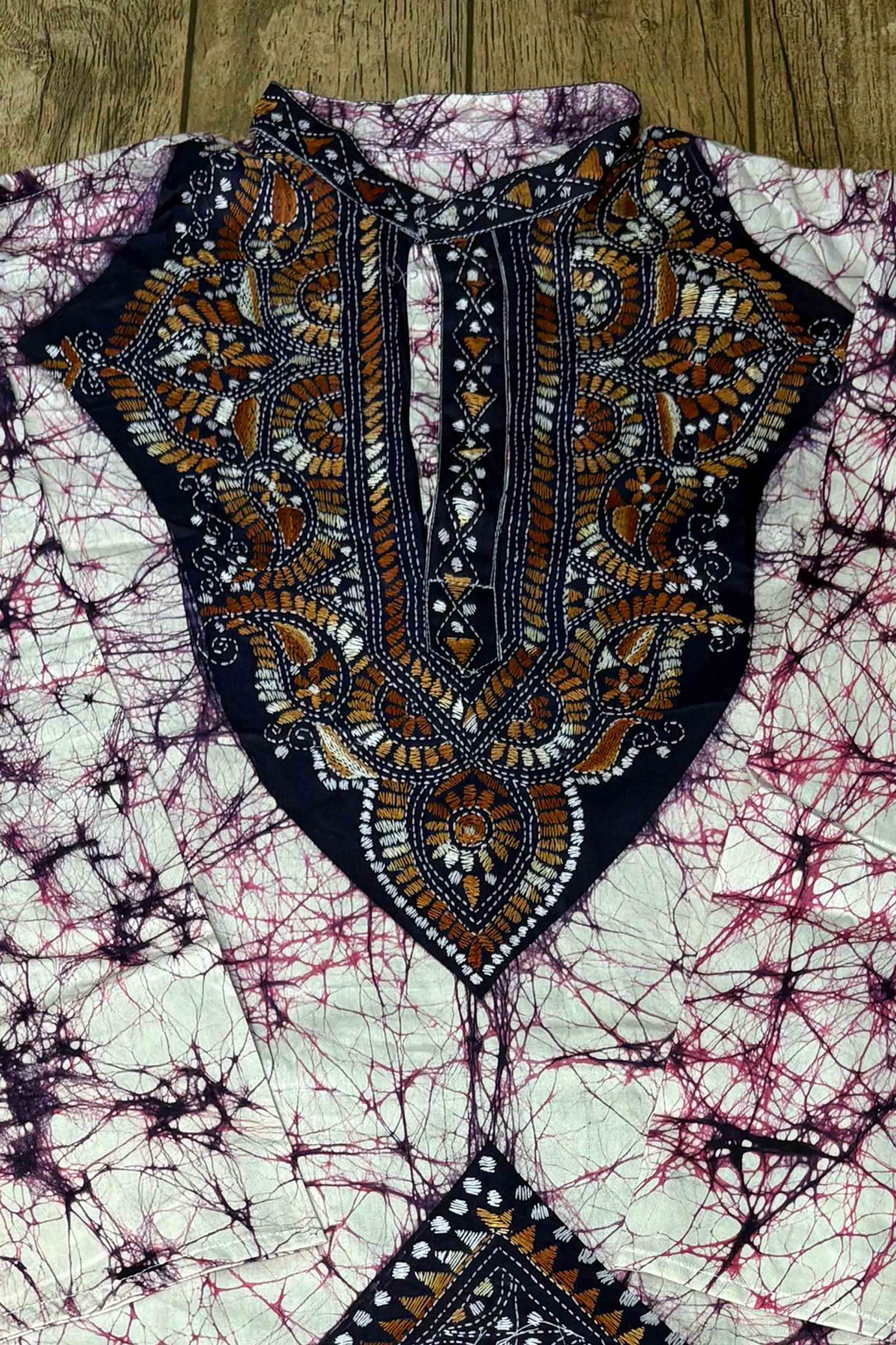 Off-white Pure Cotton Batik with Kantha Work (Hand Embroidery) Panjabi