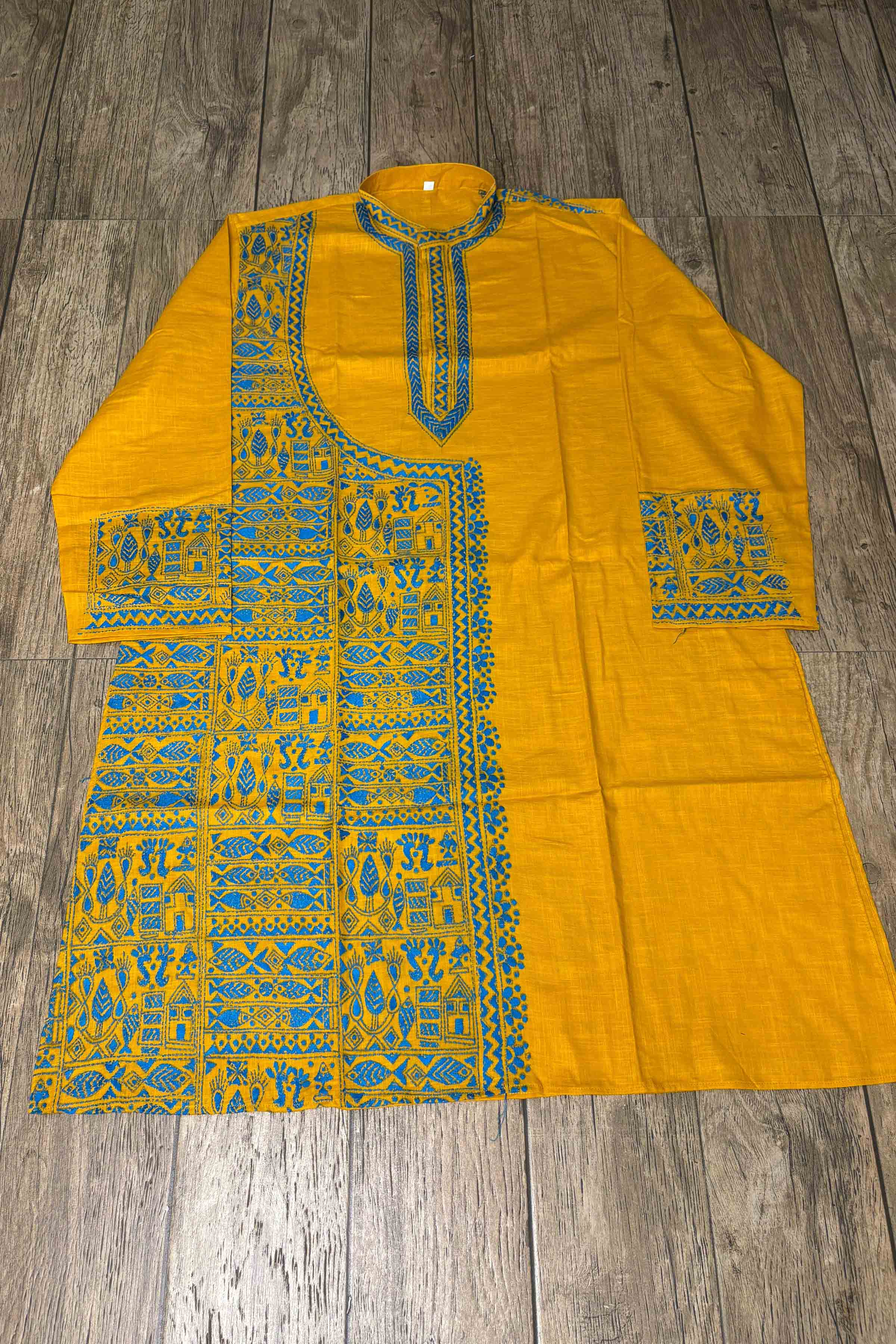 Yellow Pure Cotton with Kantha Work (Hand Embroidery) Panjabi