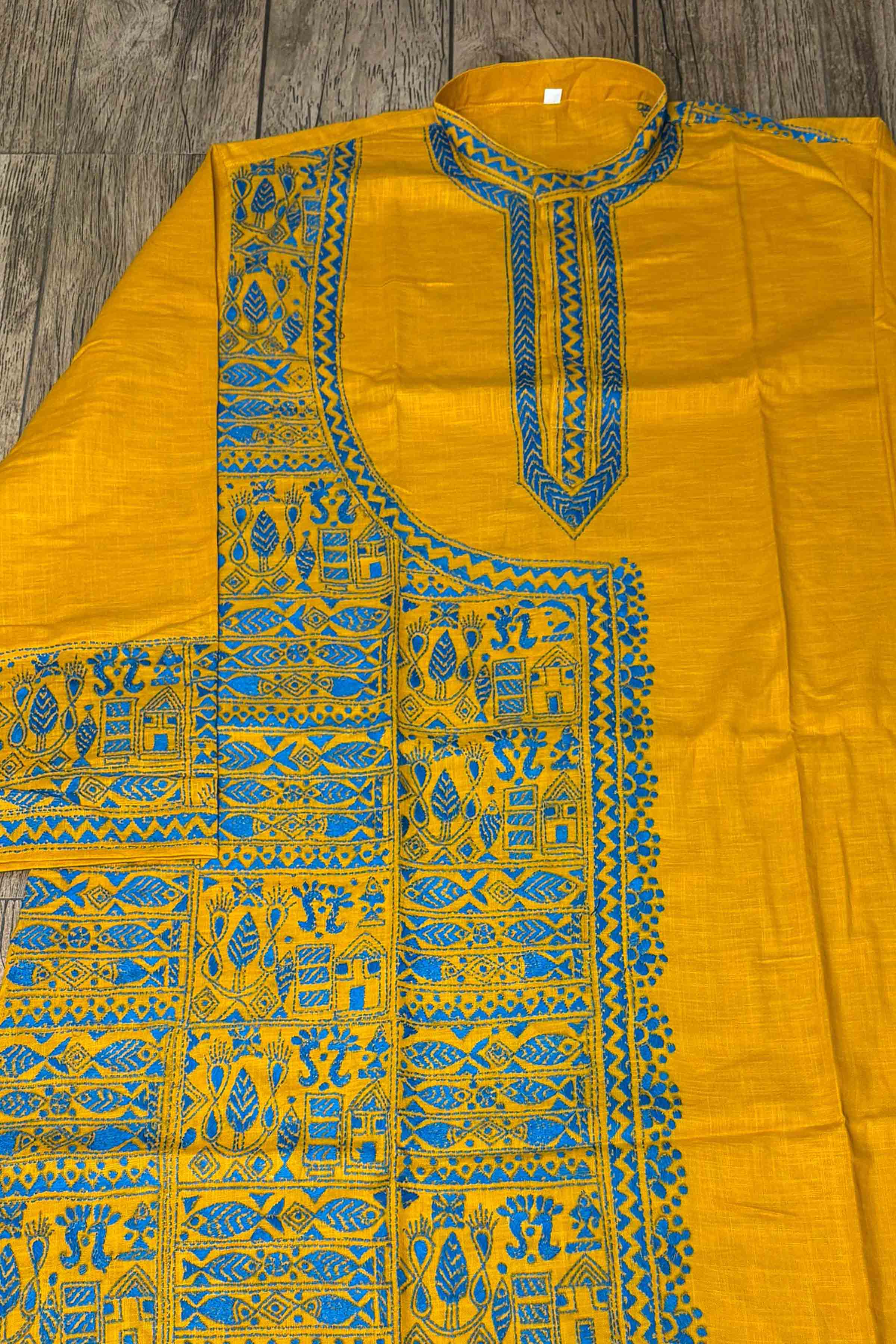 Yellow Pure Cotton with Kantha Work (Hand Embroidery) Panjabi