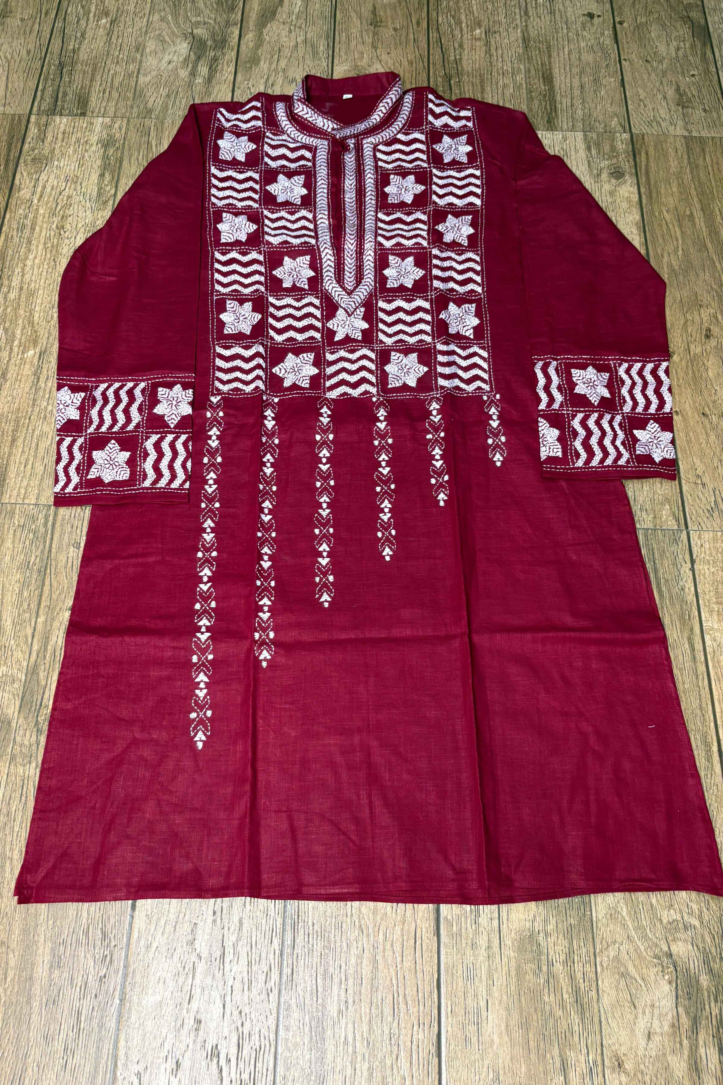 Maroon Pure Cotton with Kantha Work (Hand Embroidery) Panjabi