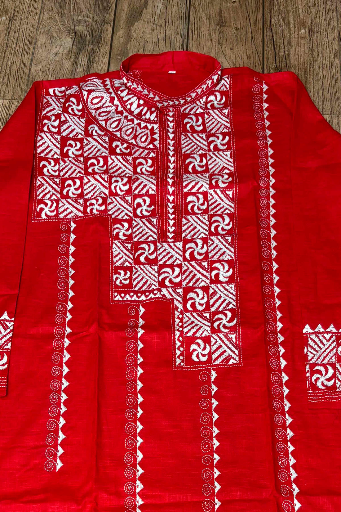 Red Pure Cotton with Kantha Work (Hand Embroidery) Panjabi