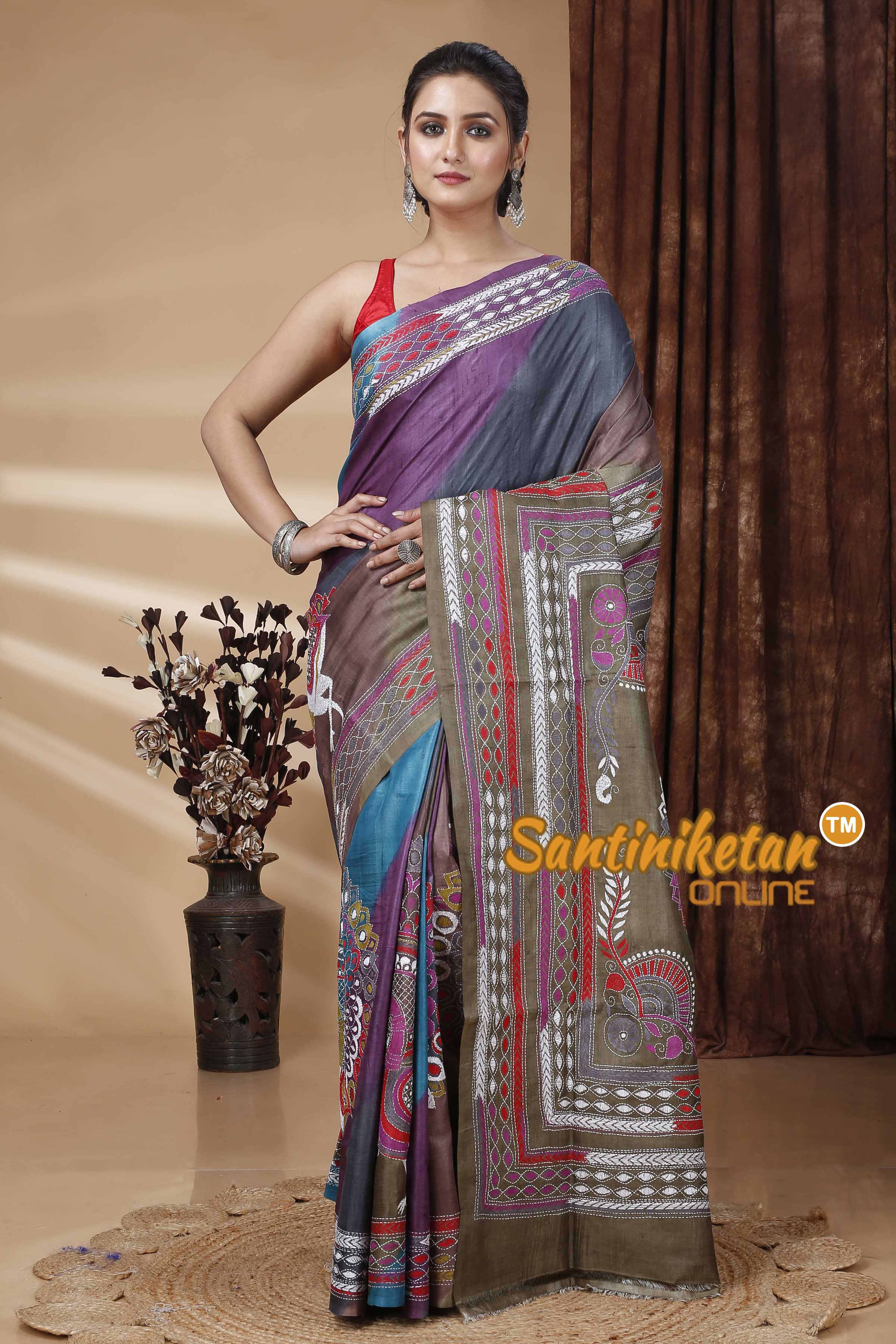 Pure Dye Gachi Tussar Silk Kantha Stitch Saree SN202415432