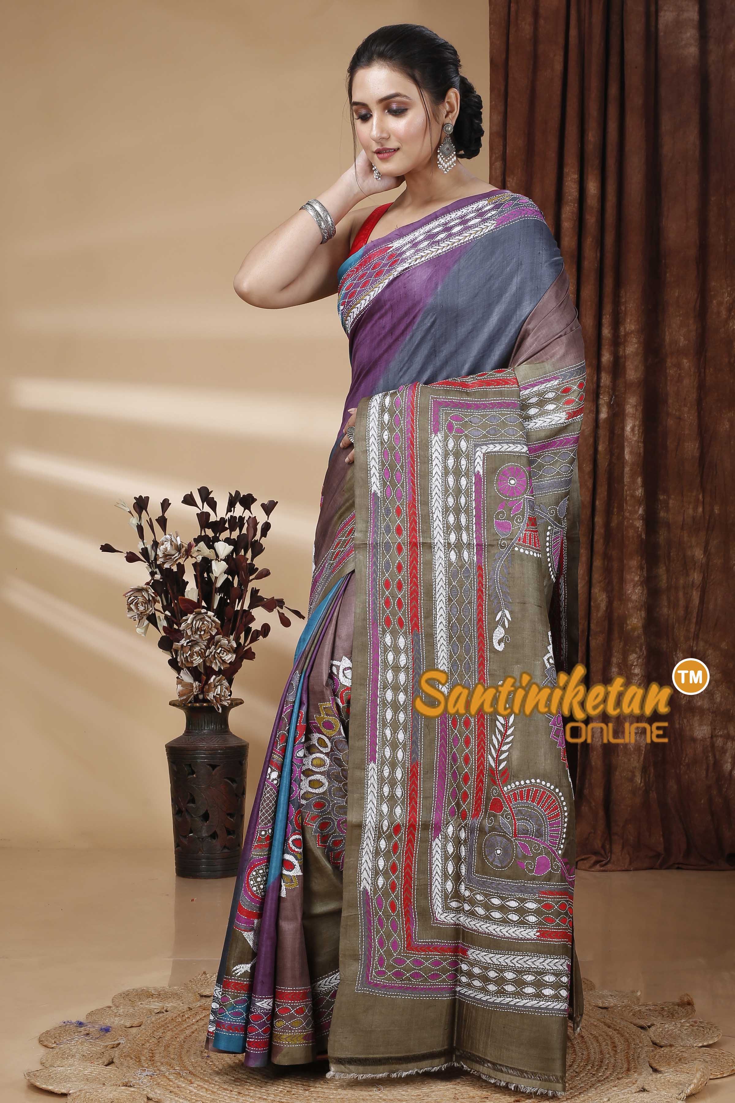 Pure Dye Gachi Tussar Silk Kantha Stitch Saree SN202415432